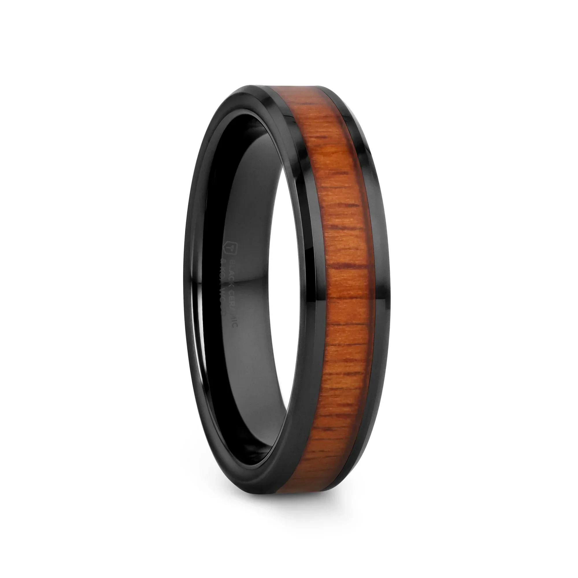 ACACIA Koa Wood Inlaid Black Ceramic Ring with Bevels - 4mm - 12mm - Image 10