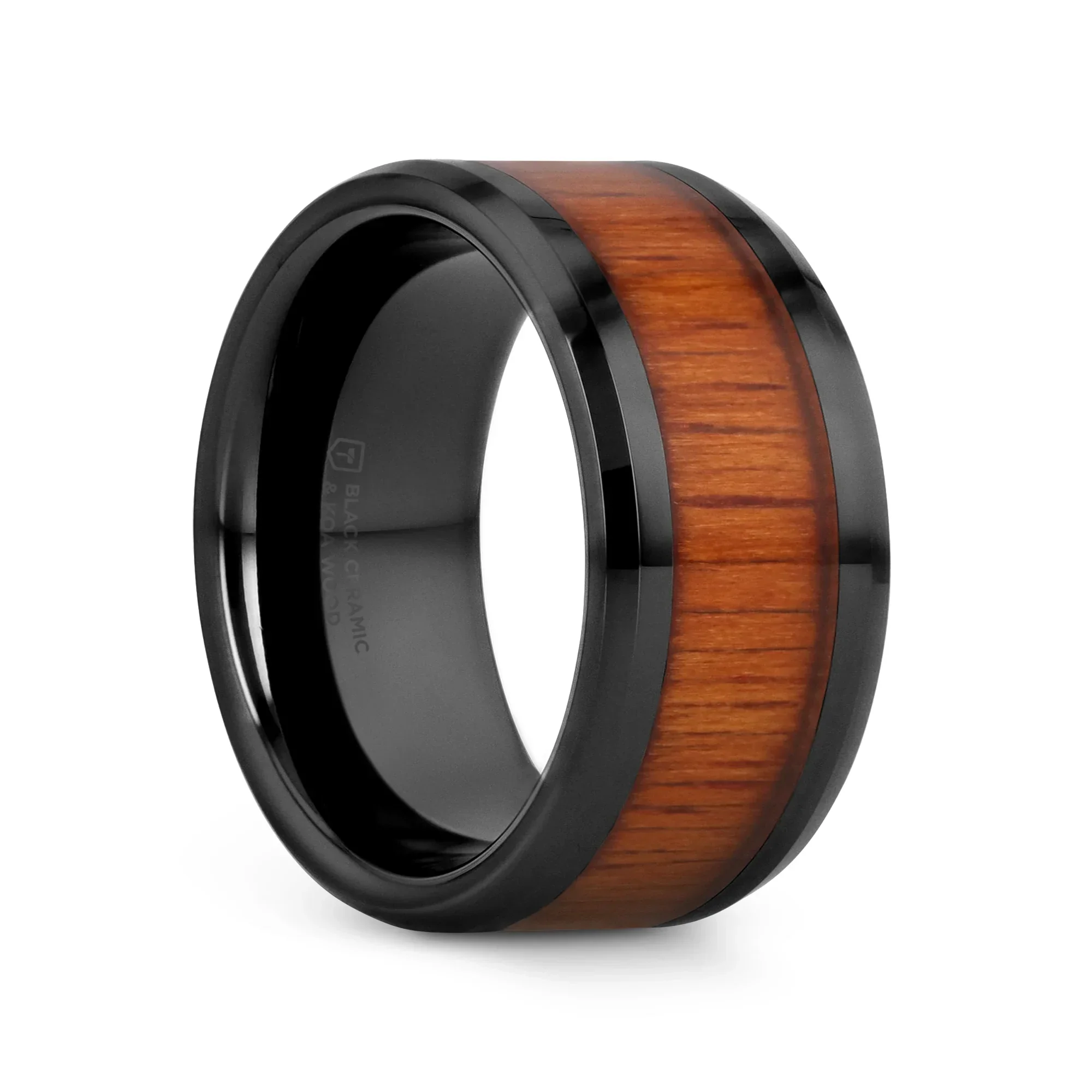 ACACIA Koa Wood Inlaid Black Ceramic Ring with Bevels - 4mm - 12mm - Image 13