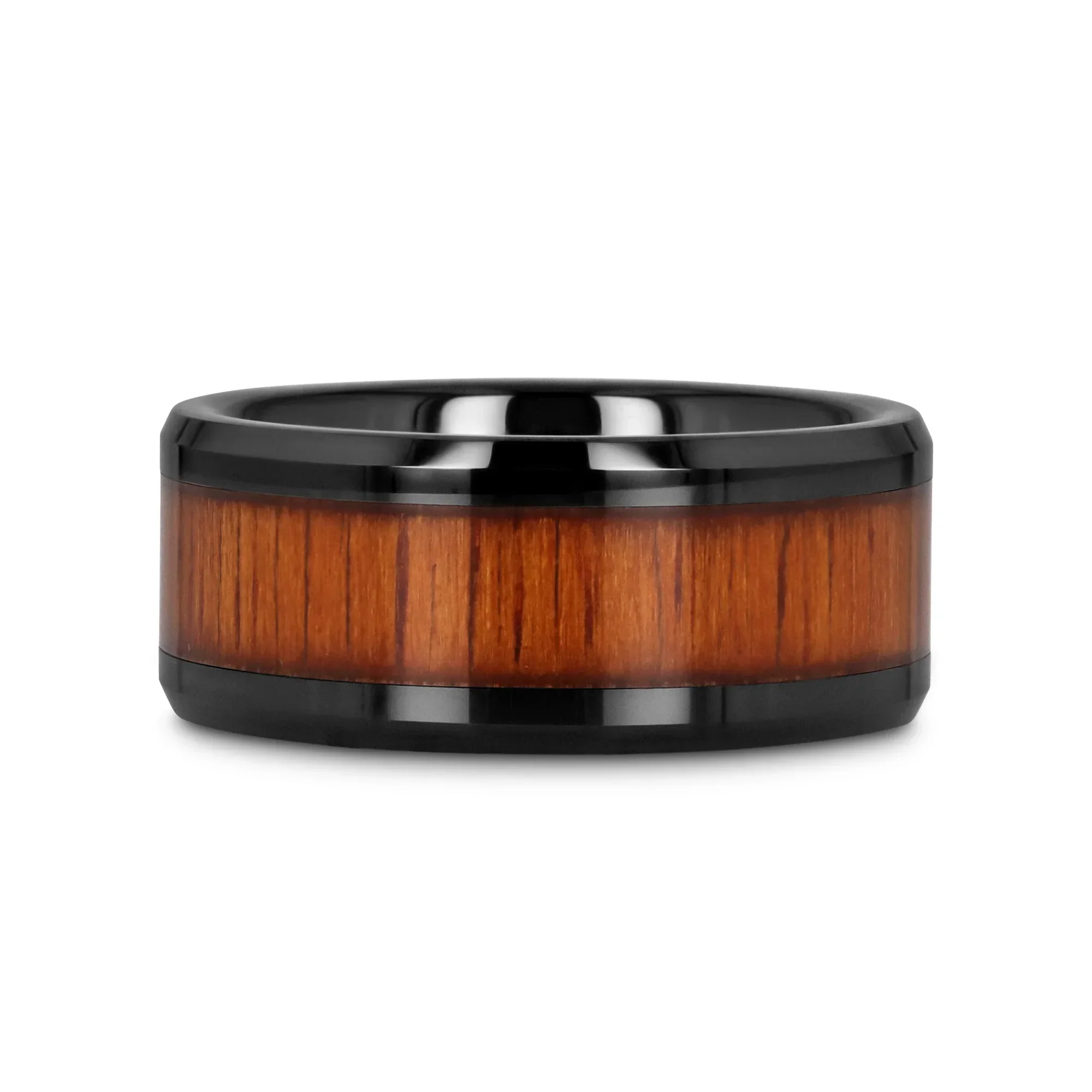 ACACIA Koa Wood Inlaid Black Ceramic Ring with Bevels - 4mm - 12mm - Image 15