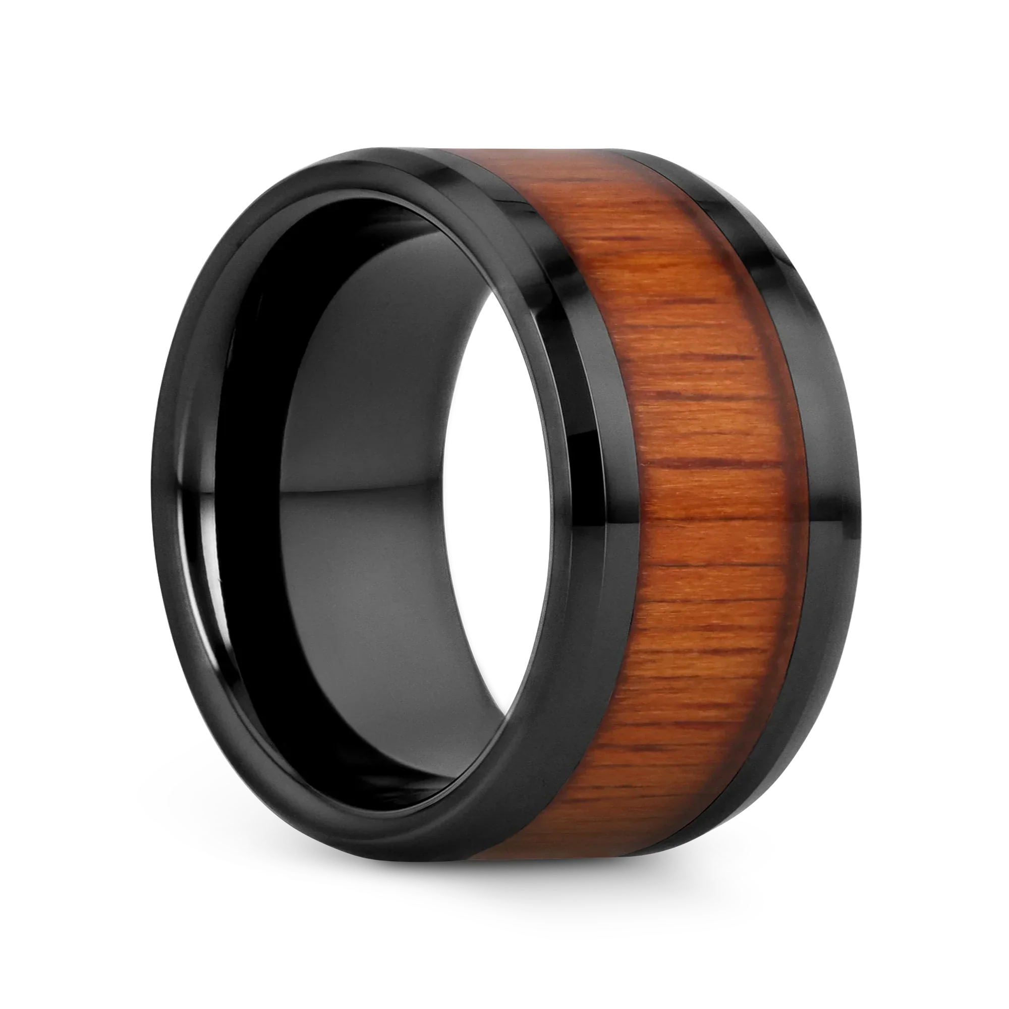 ACACIA Koa Wood Inlaid Black Ceramic Ring with Bevels - 4mm - 12mm - Image 16