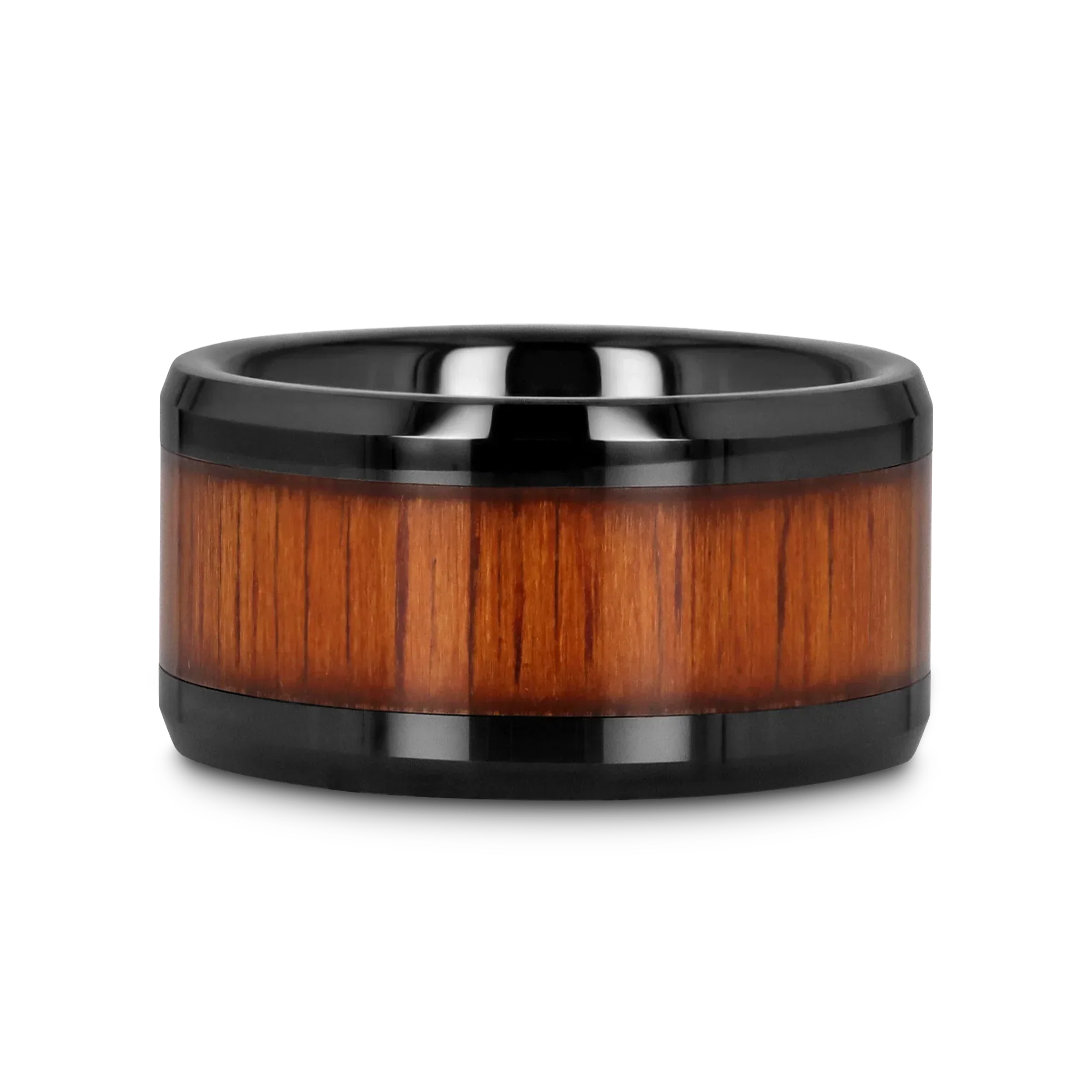 ACACIA Koa Wood Inlaid Black Ceramic Ring with Bevels - 4mm - 12mm - Image 18