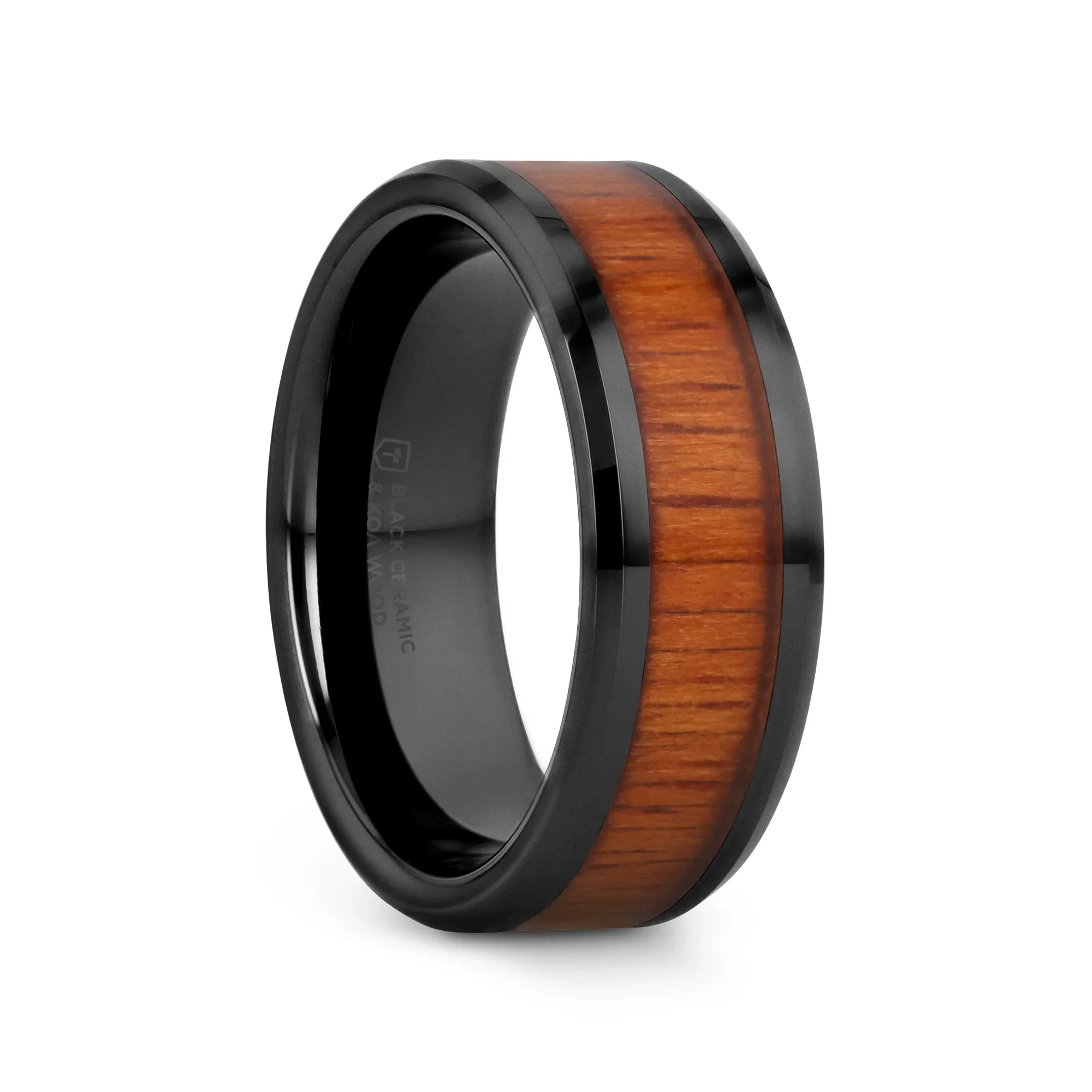ACACIA Koa Wood Inlaid Black Ceramic Ring with Bevels - 4mm - 12mm - Image 4