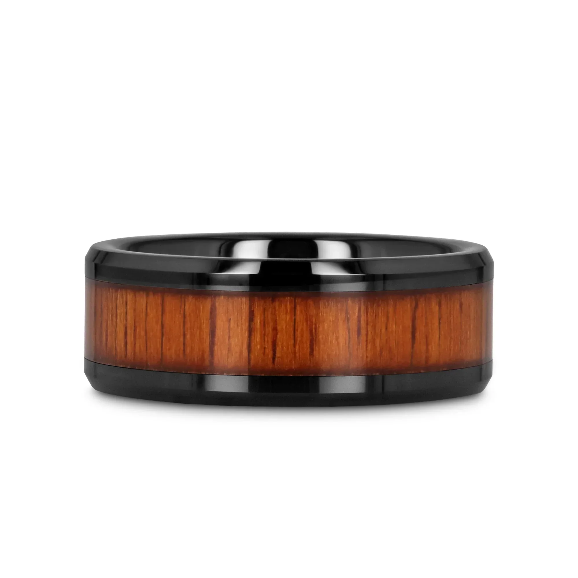 ACACIA Koa Wood Inlaid Black Ceramic Ring with Bevels - 4mm - 12mm - Image 6