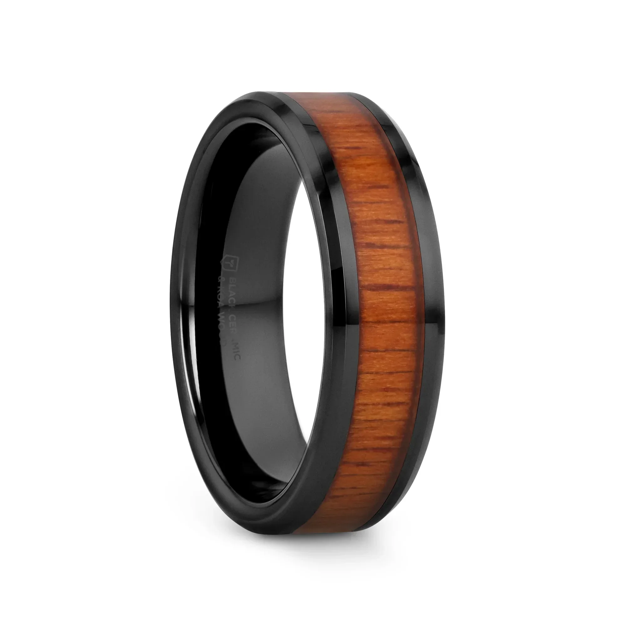 ACACIA Koa Wood Inlaid Black Ceramic Ring with Bevels - 4mm - 12mm - Image 7