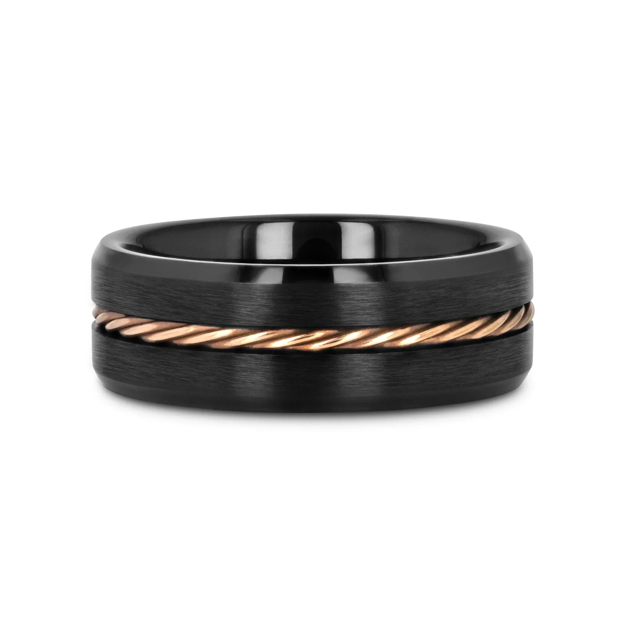 ADELARD Rose Gold Braided Cable Black Tungsten Men’s Wedding Band, Brushed Center with Polished Beveled Edges – 8mm - Image 3