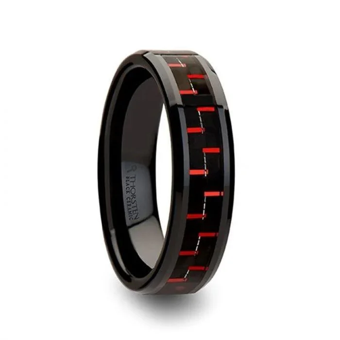 ANTONIUS Beveled Black Ceramic Ring with Black & Red Carbon Fiber - 4mm - 10mm - Image 3