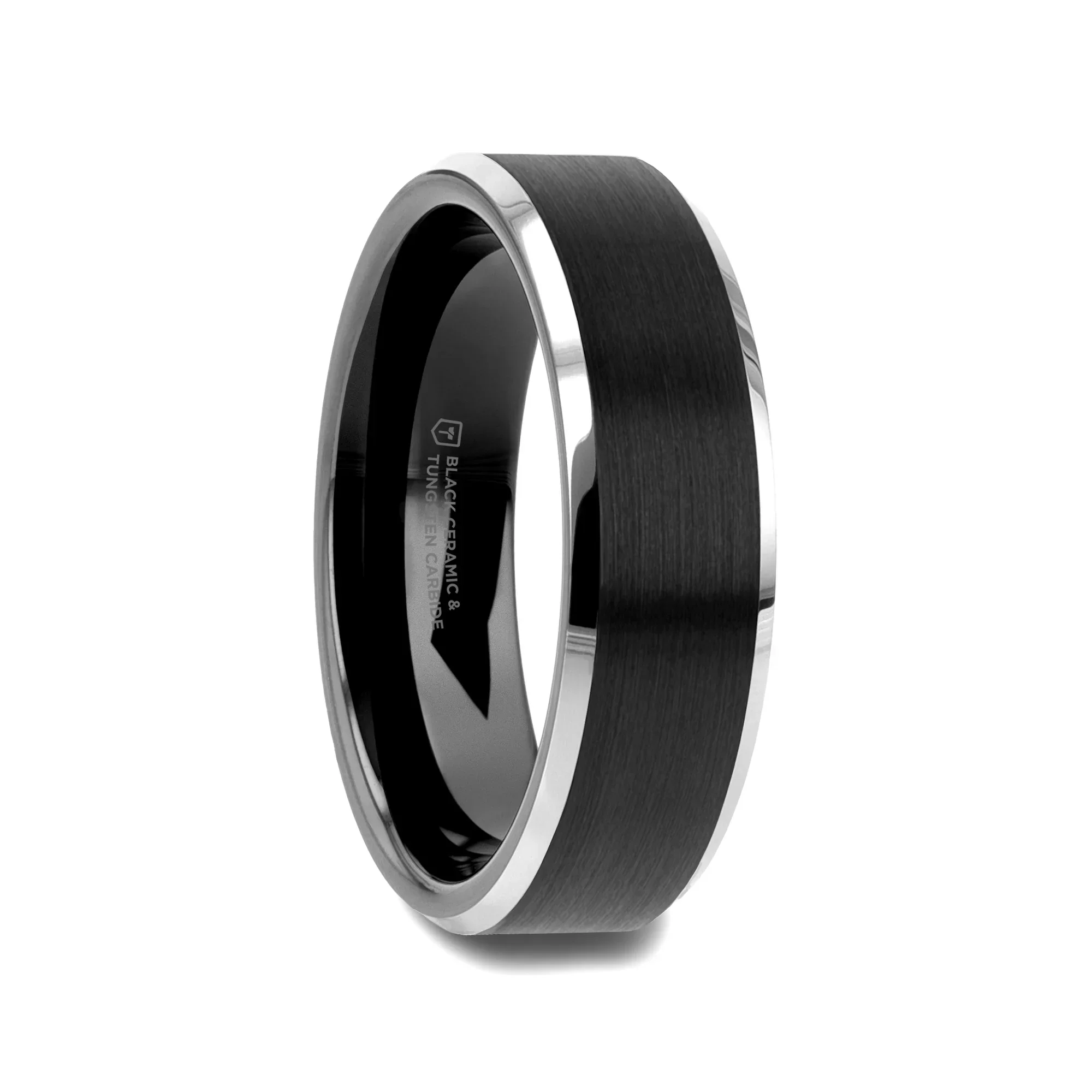 ARDEN Beveled Edged Tungsten Ring with Brushed Finish Black Ceramic Center - 6mm or 8mm - Image 4