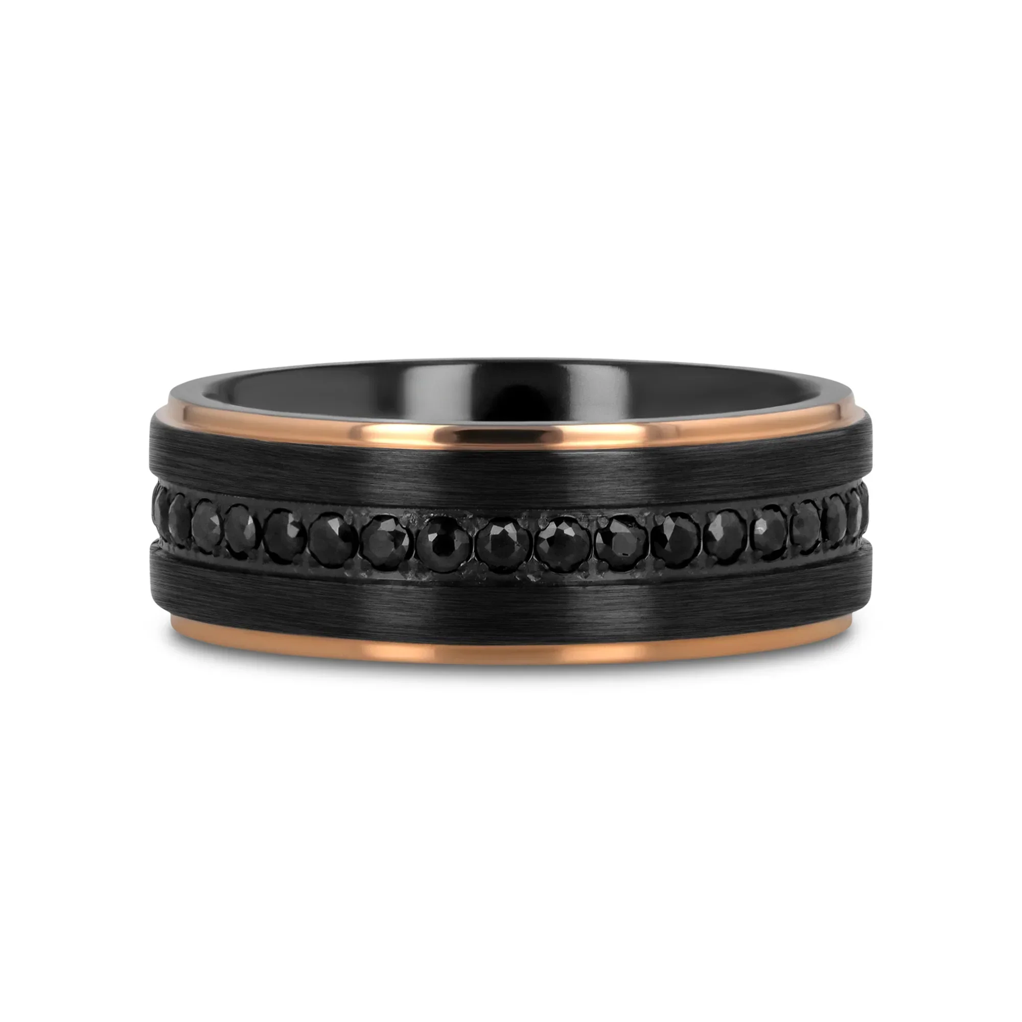 ASTRO Flat Brushed Black Titanium Ring with Rose Gold Plated Edge and Black Sapphire Settings All Around - 8mm - Image 3