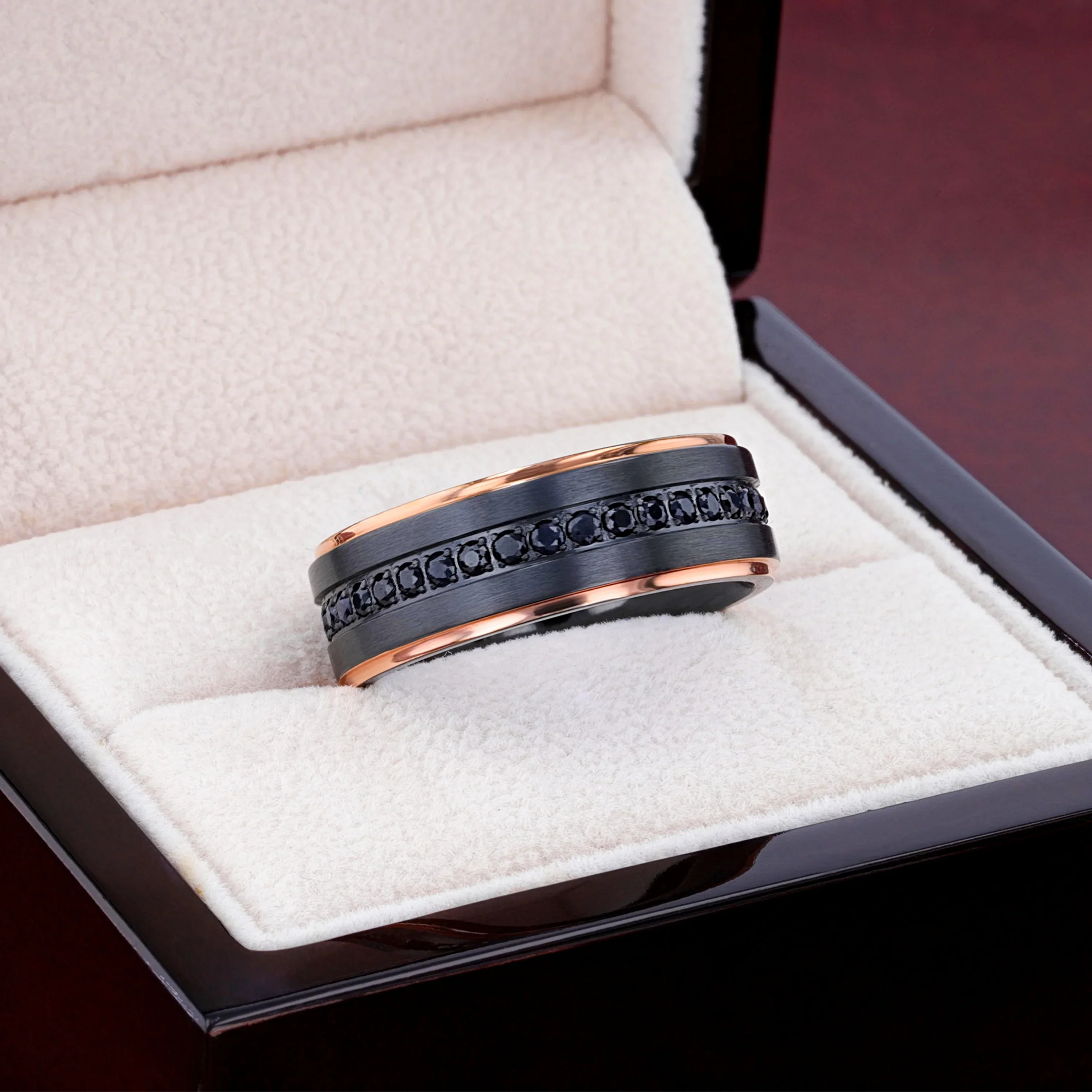 ASTRO Flat Brushed Black Titanium Ring with Rose Gold Plated Edge and Black Sapphire Settings All Around - 8mm - Image 4