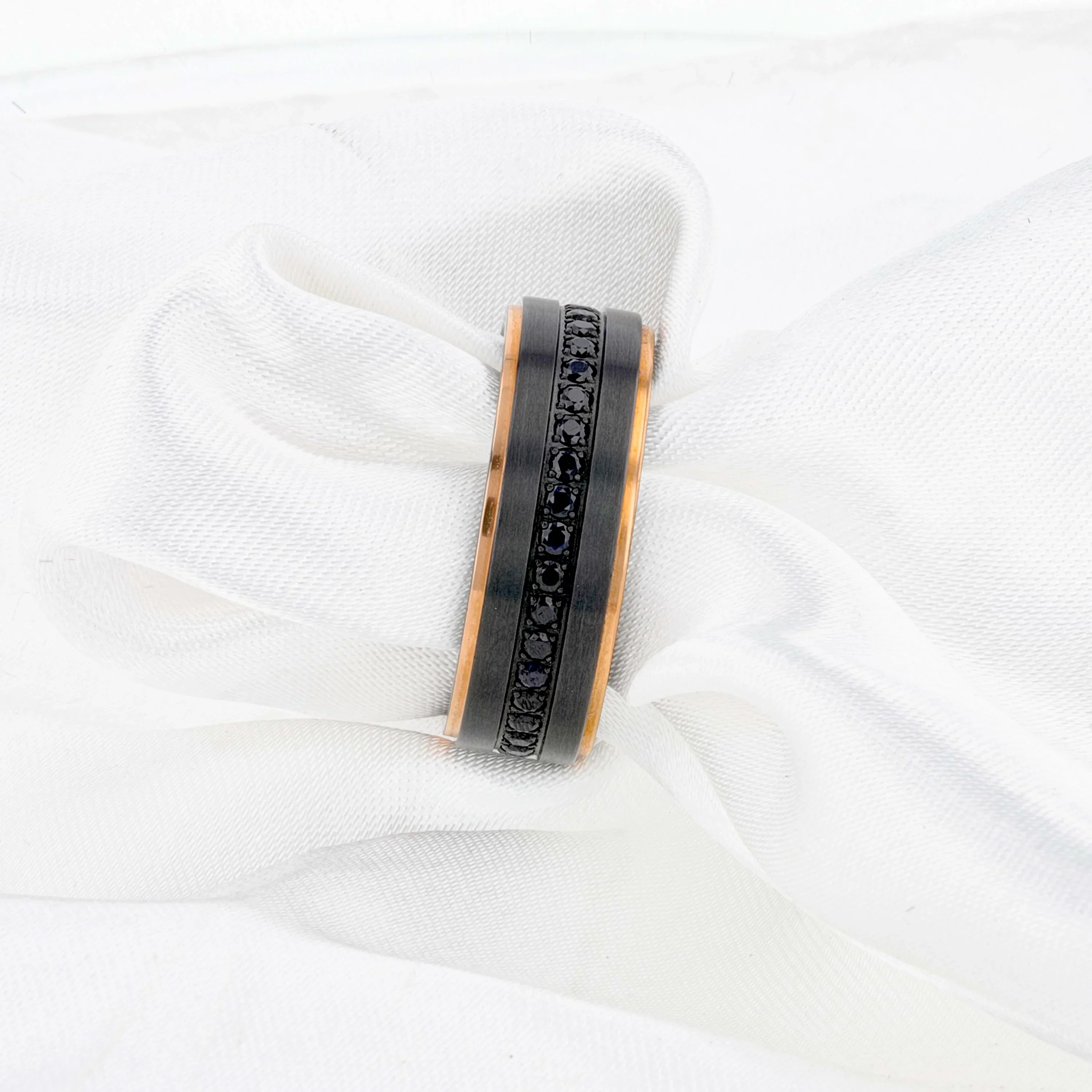 ASTRO Flat Brushed Black Titanium Ring with Rose Gold Plated Edge and Black Sapphire Settings All Around - 8mm - Image 5
