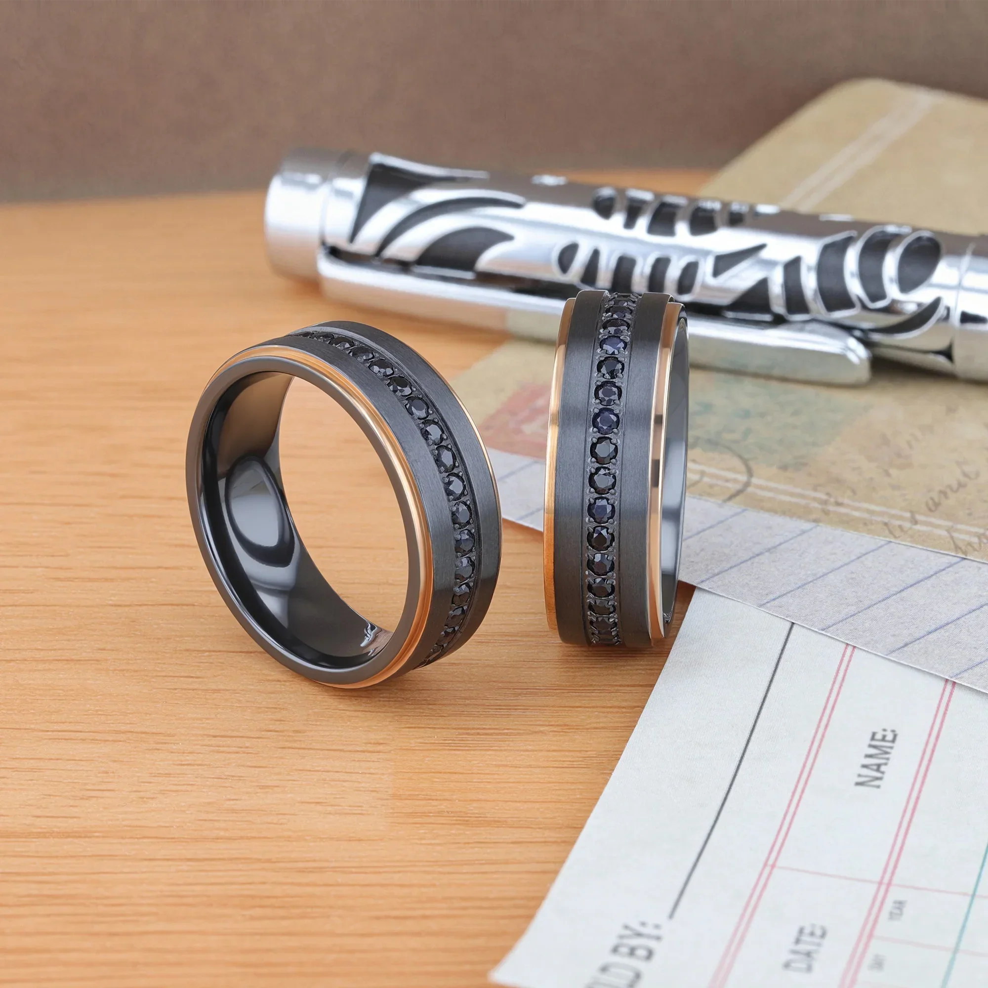 ASTRO Flat Brushed Black Titanium Ring with Rose Gold Plated Edge and Black Sapphire Settings All Around - 8mm - Image 6