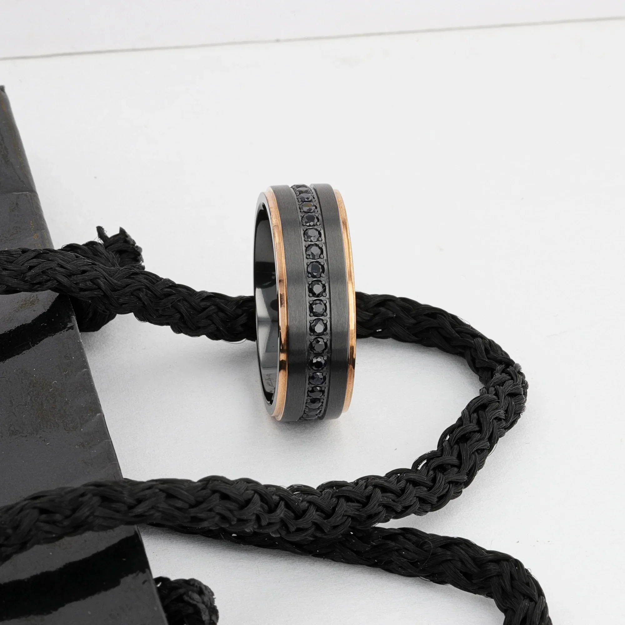 ASTRO Flat Brushed Black Titanium Ring with Rose Gold Plated Edge and Black Sapphire Settings All Around - 8mm - Image 7
