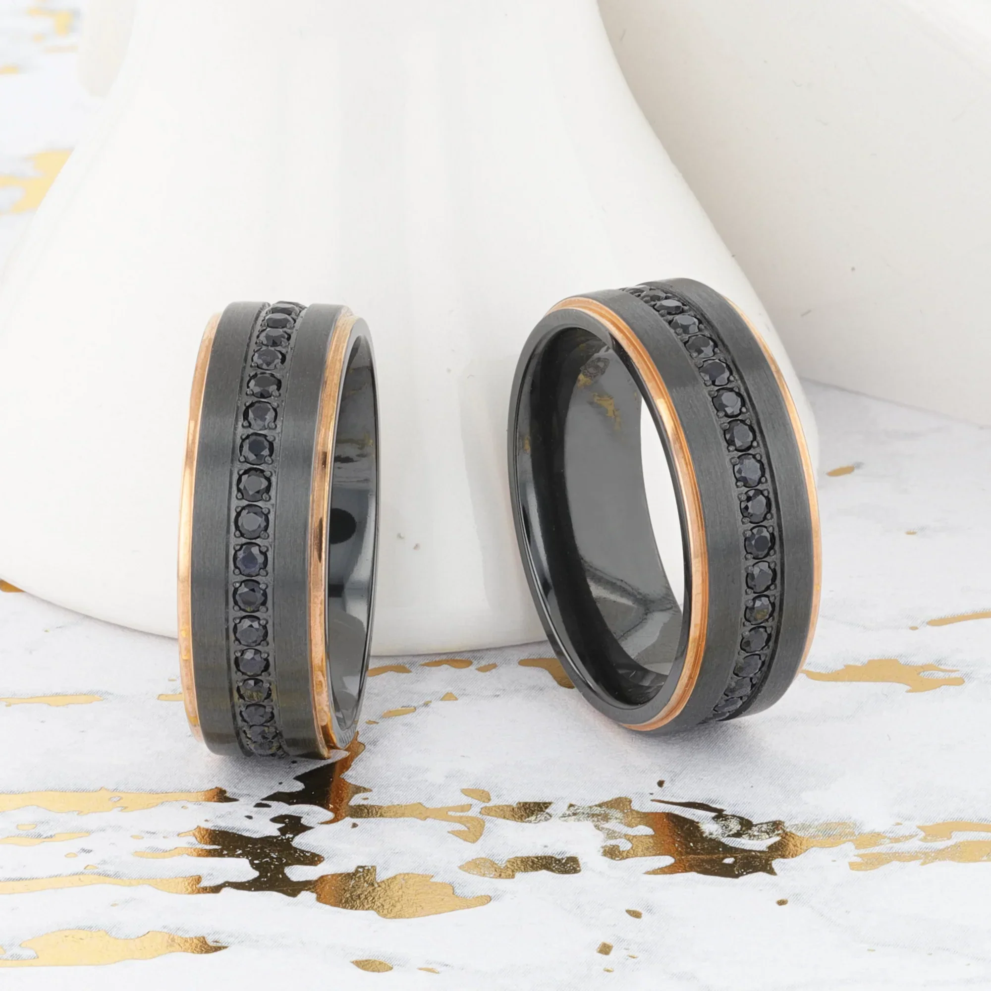 ASTRO Flat Brushed Black Titanium Ring with Rose Gold Plated Edge and Black Sapphire Settings All Around - 8mm - Image 8