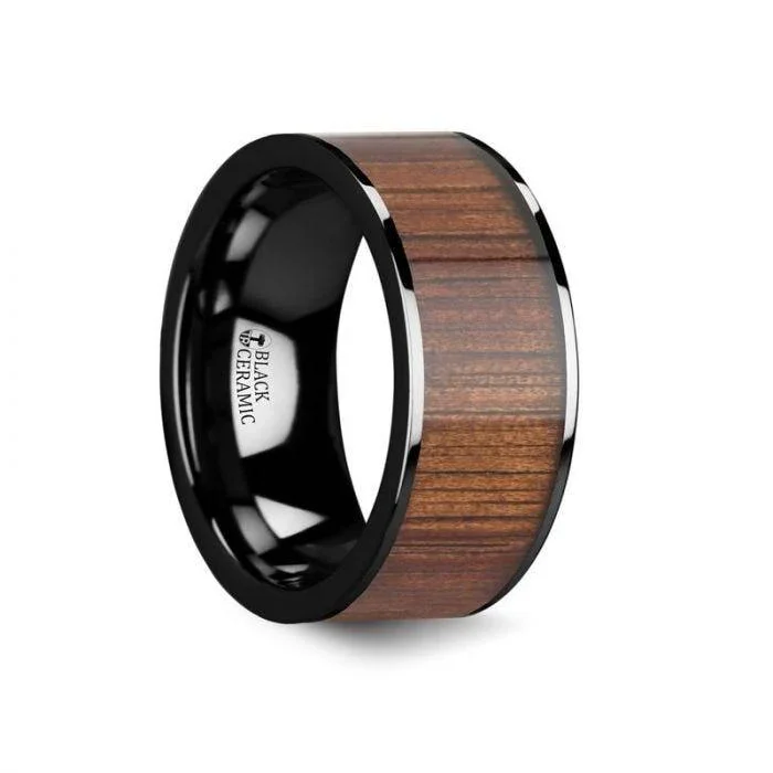 ATREUS Polished Black Ceramic Flat Wedding Band with Koa Wood Inlay - 6mm - 10mm - Image 3