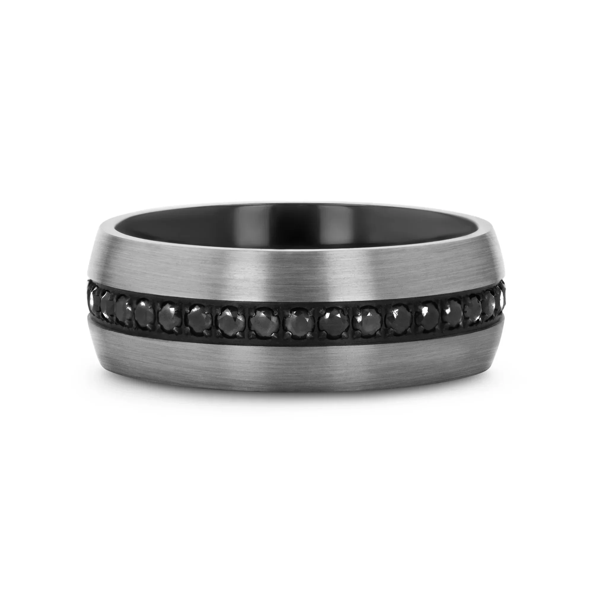 AVIATOR Domed Brushed Titanium Men's Wedding Band with Black Sapphire Stones Inlay - 8mm - Image 3