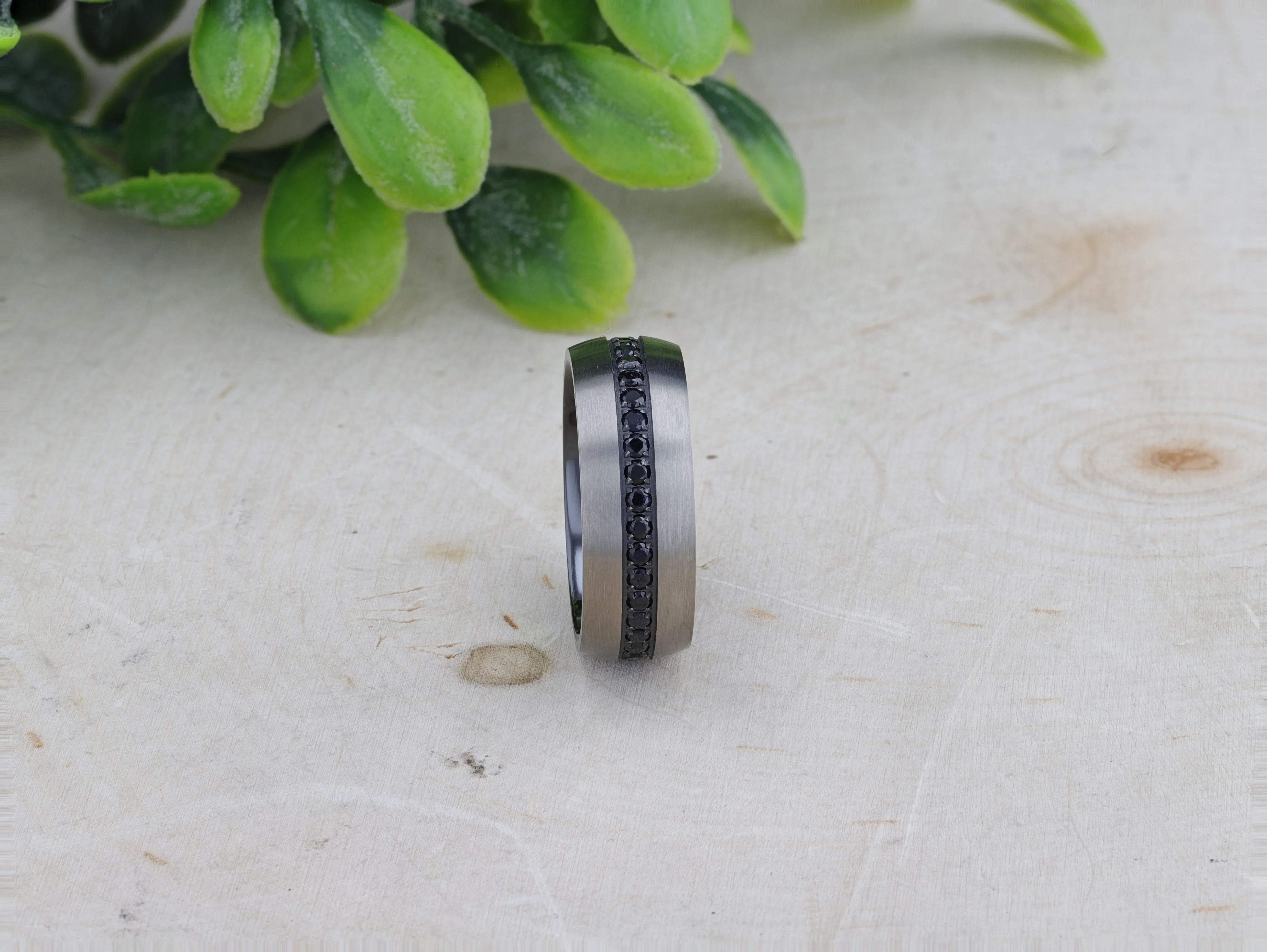 AVIATOR Domed Brushed Titanium Men's Wedding Band with Black Sapphire Stones Inlay - 8mm - Image 4