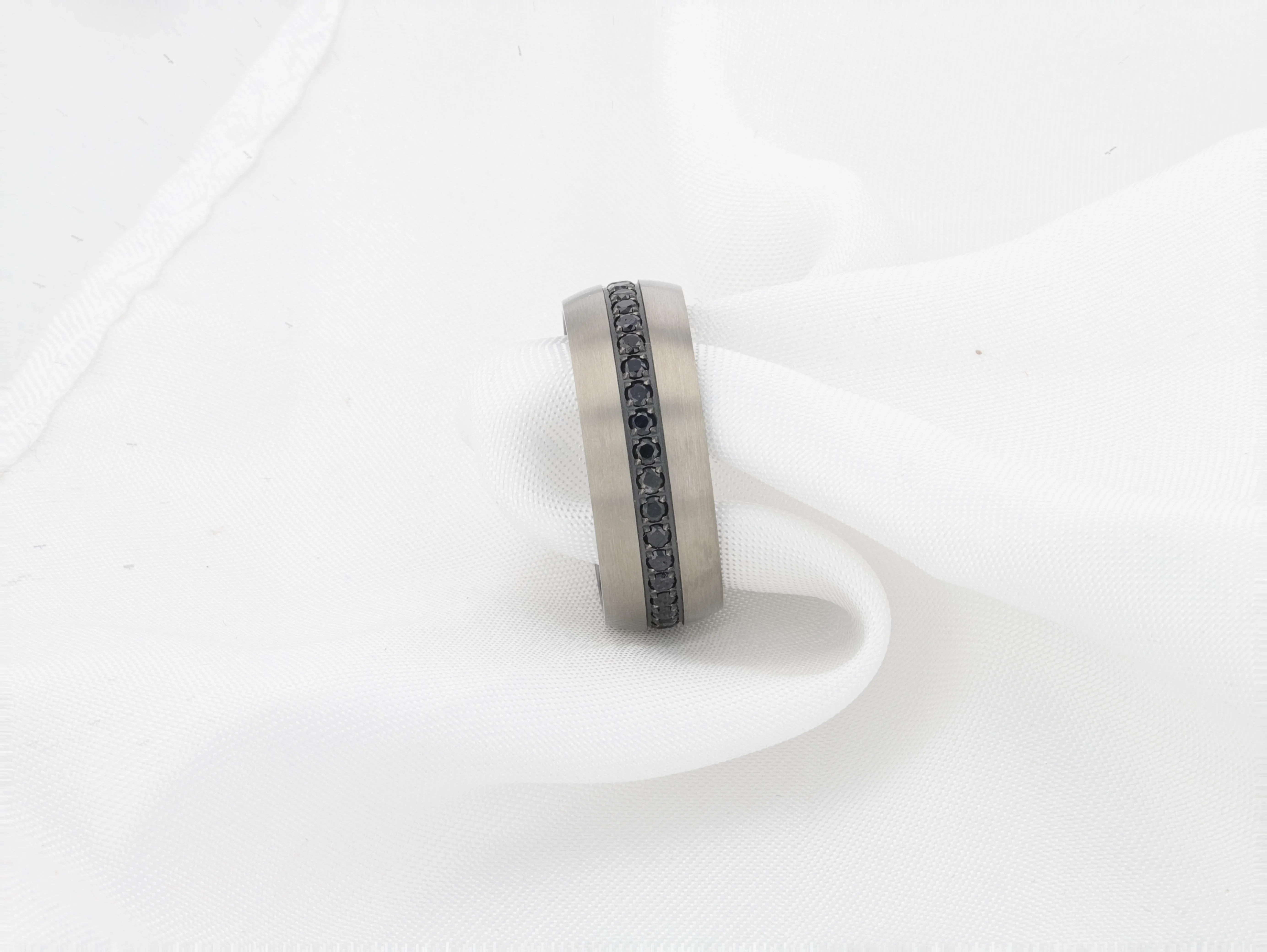 AVIATOR Domed Brushed Titanium Men's Wedding Band with Black Sapphire Stones Inlay - 8mm - Image 5