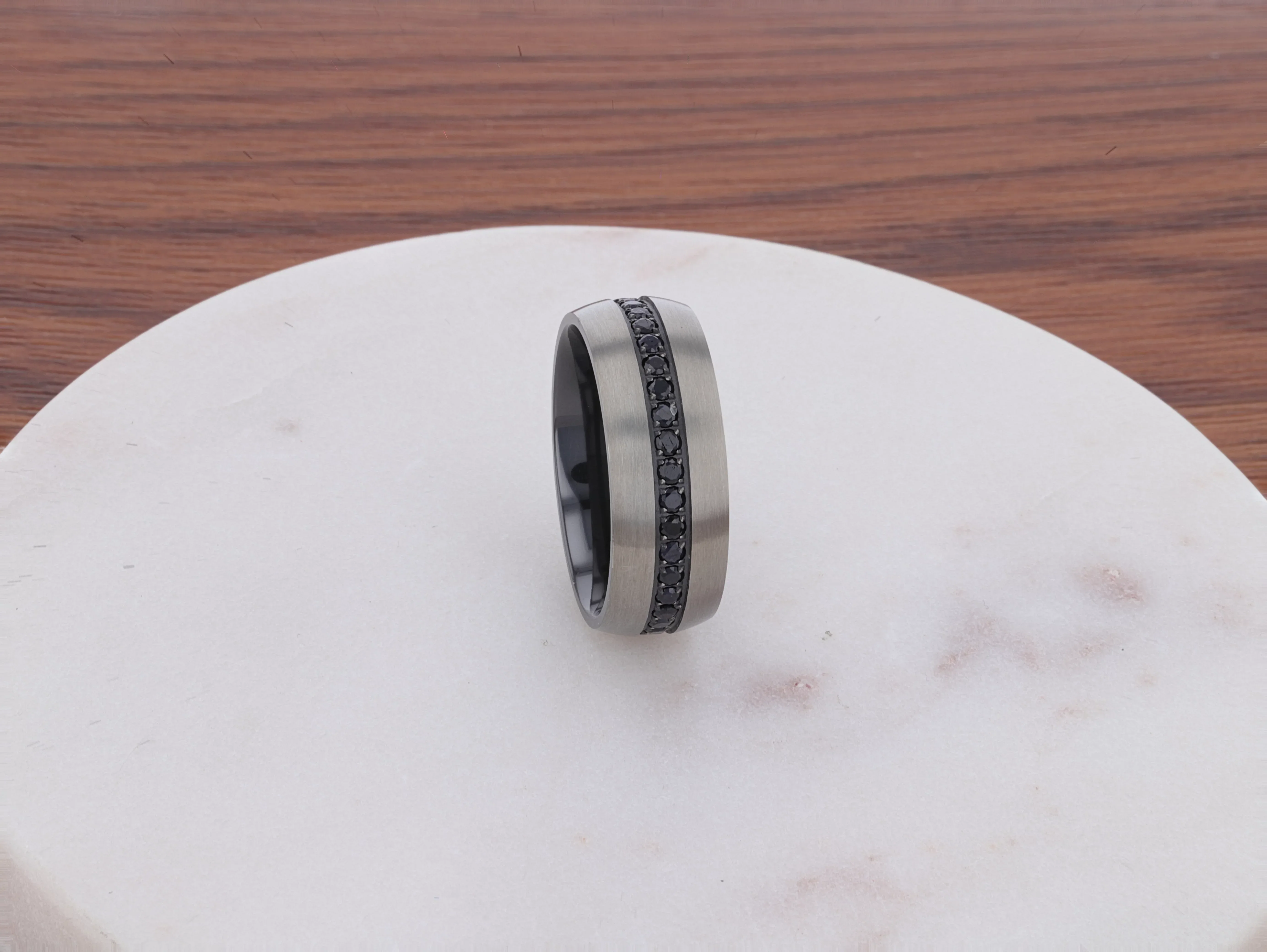 AVIATOR Domed Brushed Titanium Men's Wedding Band with Black Sapphire Stones Inlay - 8mm - Image 6