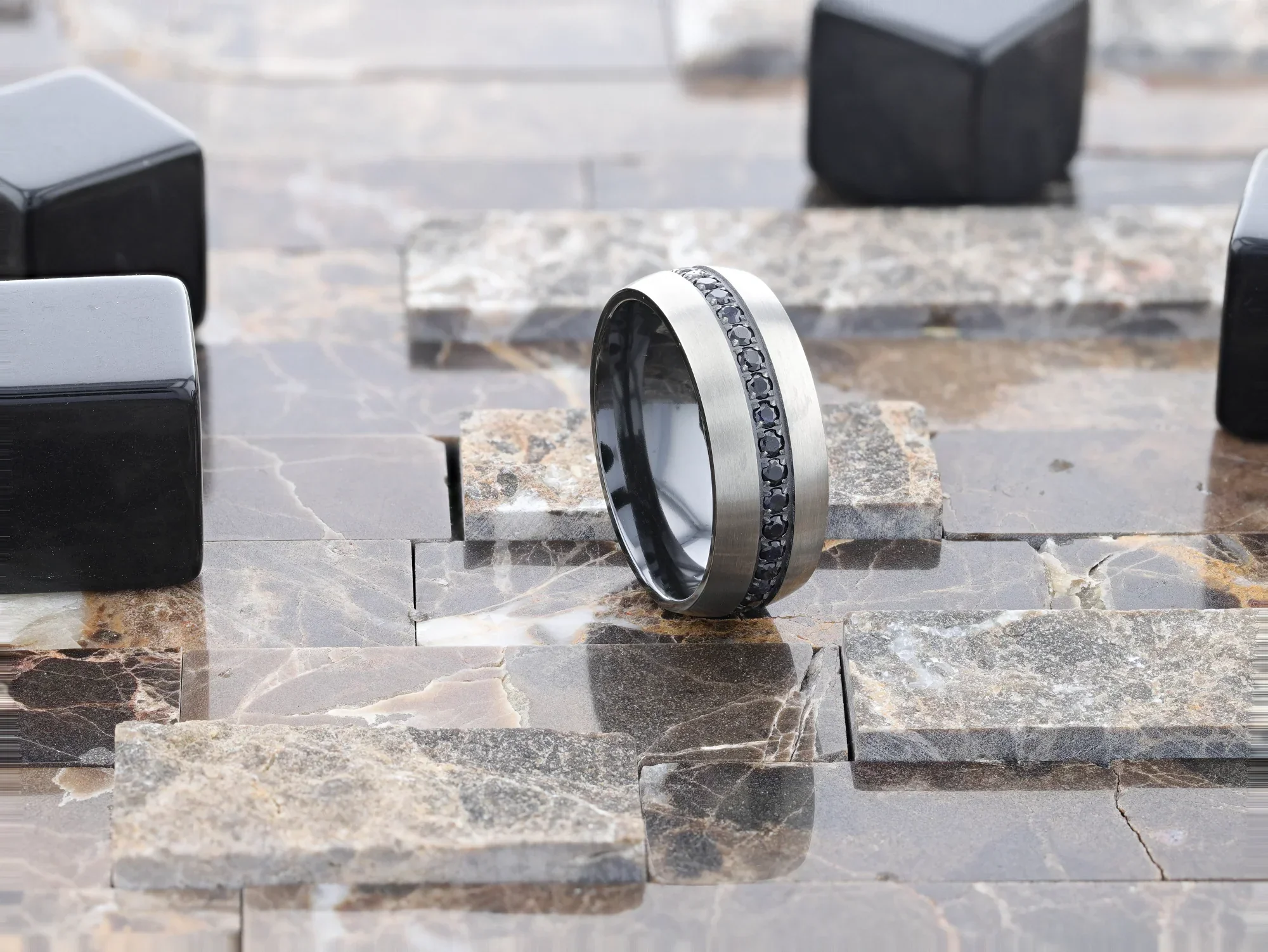 AVIATOR Domed Brushed Titanium Men's Wedding Band with Black Sapphire Stones Inlay - 8mm - Image 7