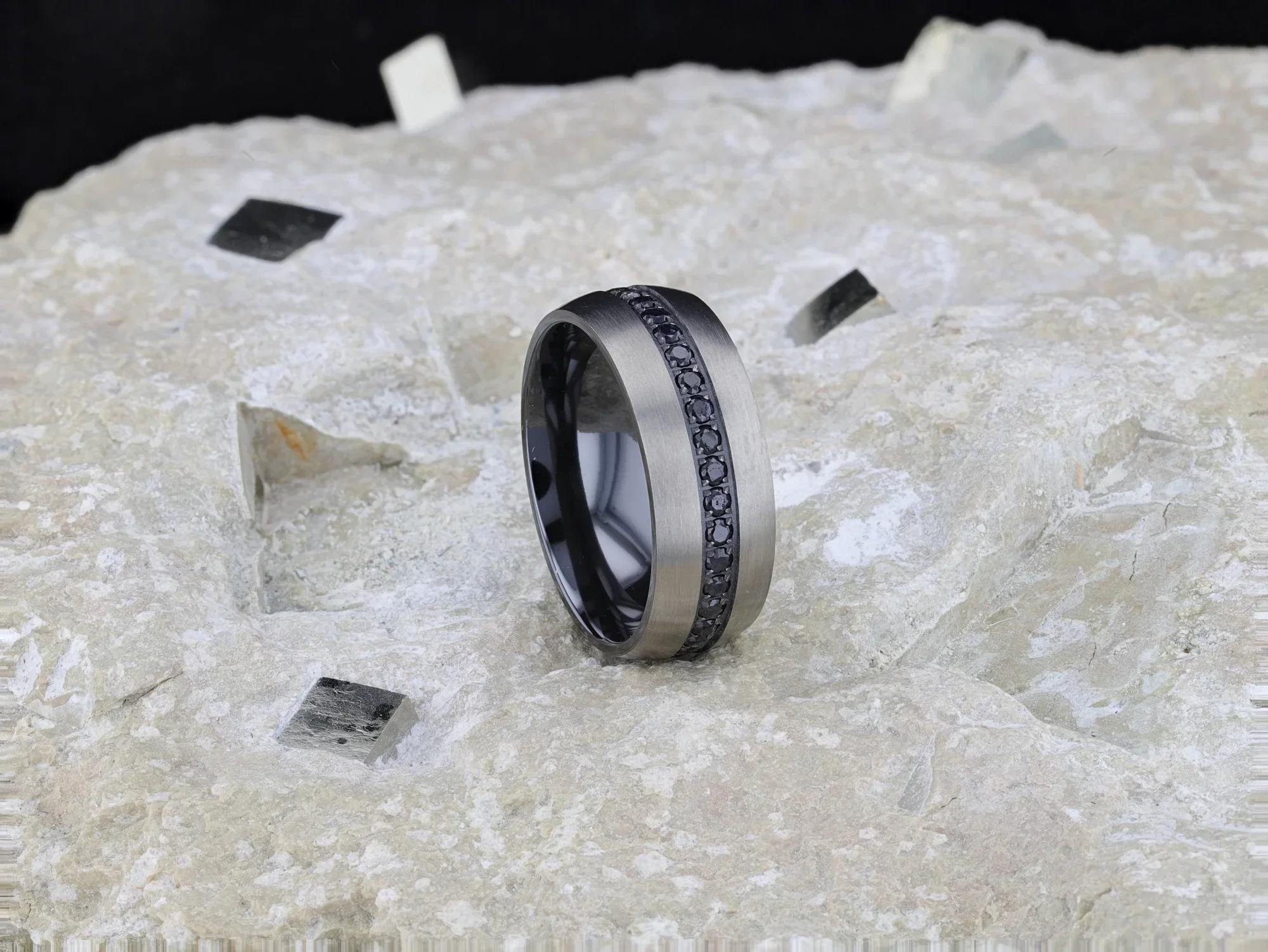 AVIATOR Domed Brushed Titanium Men's Wedding Band with Black Sapphire Stones Inlay - 8mm - Image 8