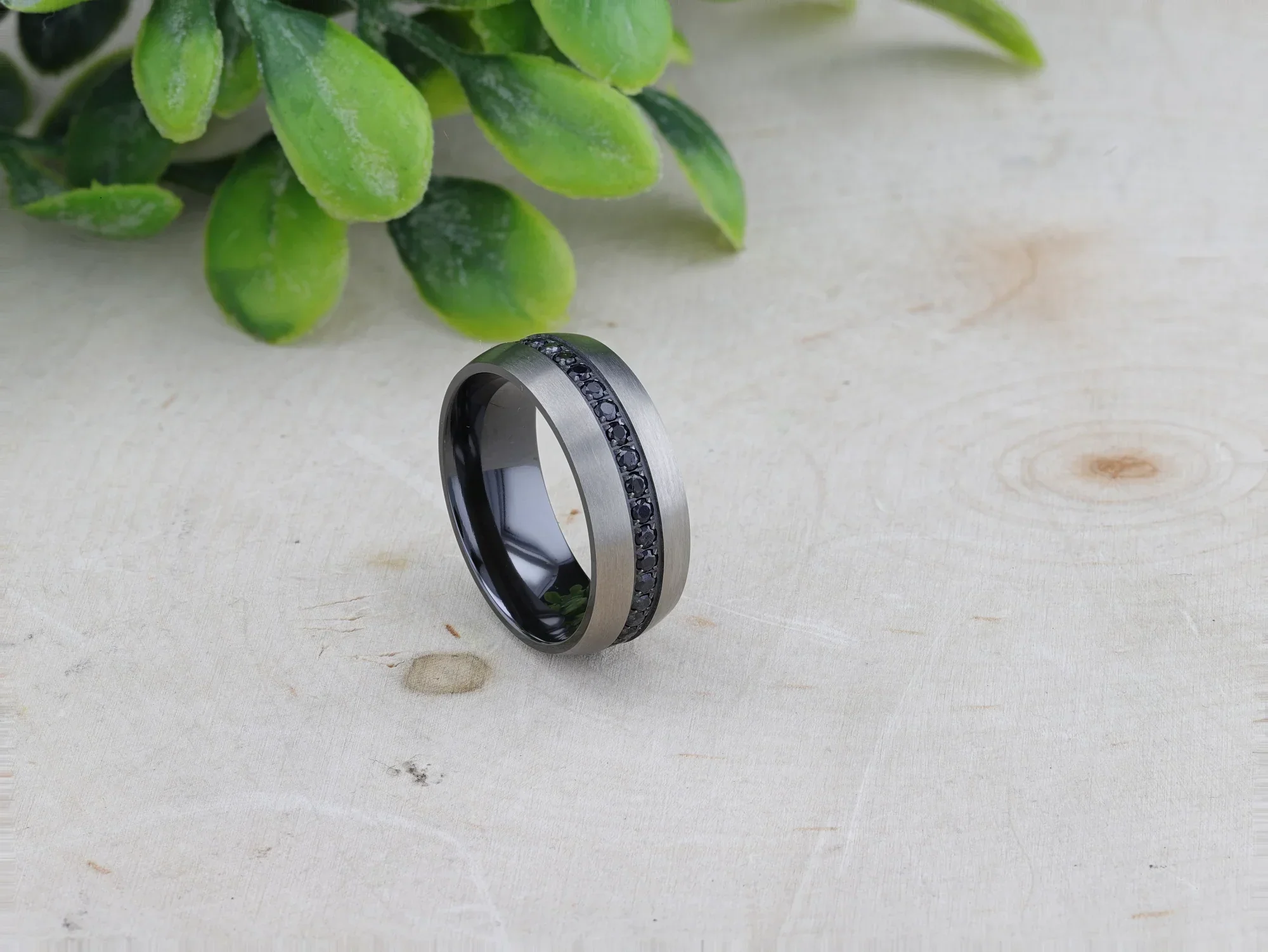 AVIATOR Domed Brushed Titanium Men's Wedding Band with Black Sapphire Stones Inlay - 8mm - Image 9