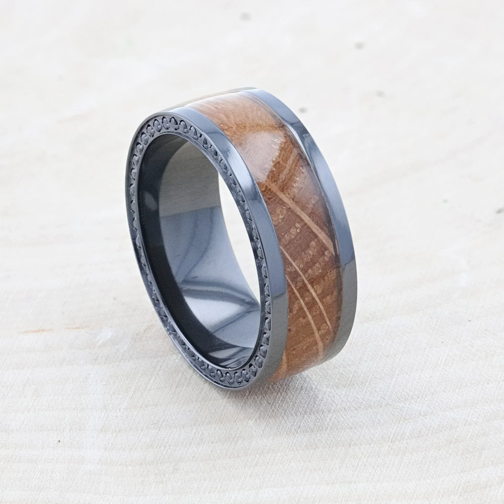 BOURBON Black Zirconium Ring with Whiskey Barrel Wood Inlay and Black Sapphires - 8mm - Image 4