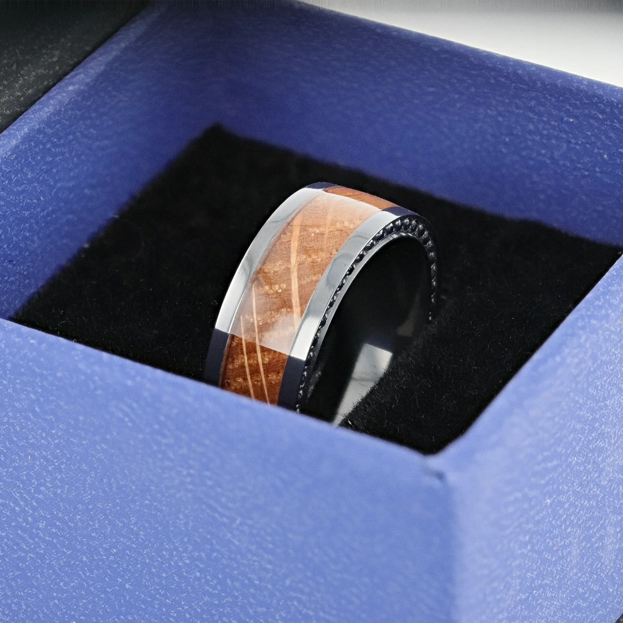 BOURBON Black Zirconium Ring with Whiskey Barrel Wood Inlay and Black Sapphires - 8mm - Image 5