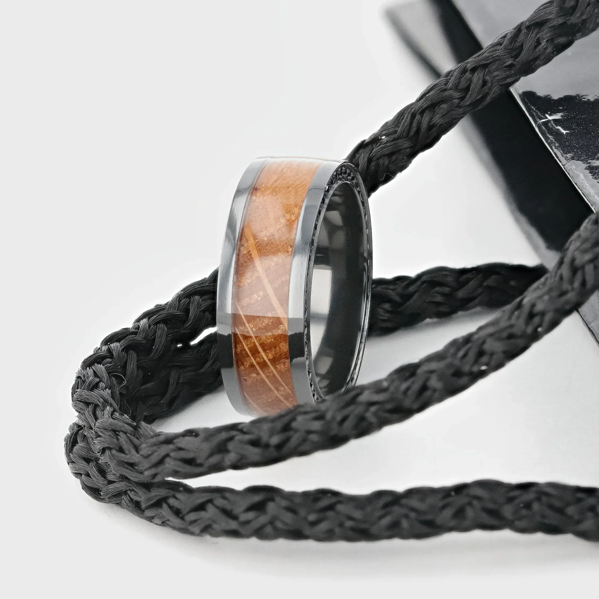 BOURBON Black Zirconium Ring with Whiskey Barrel Wood Inlay and Black Sapphires - 8mm - Image 6