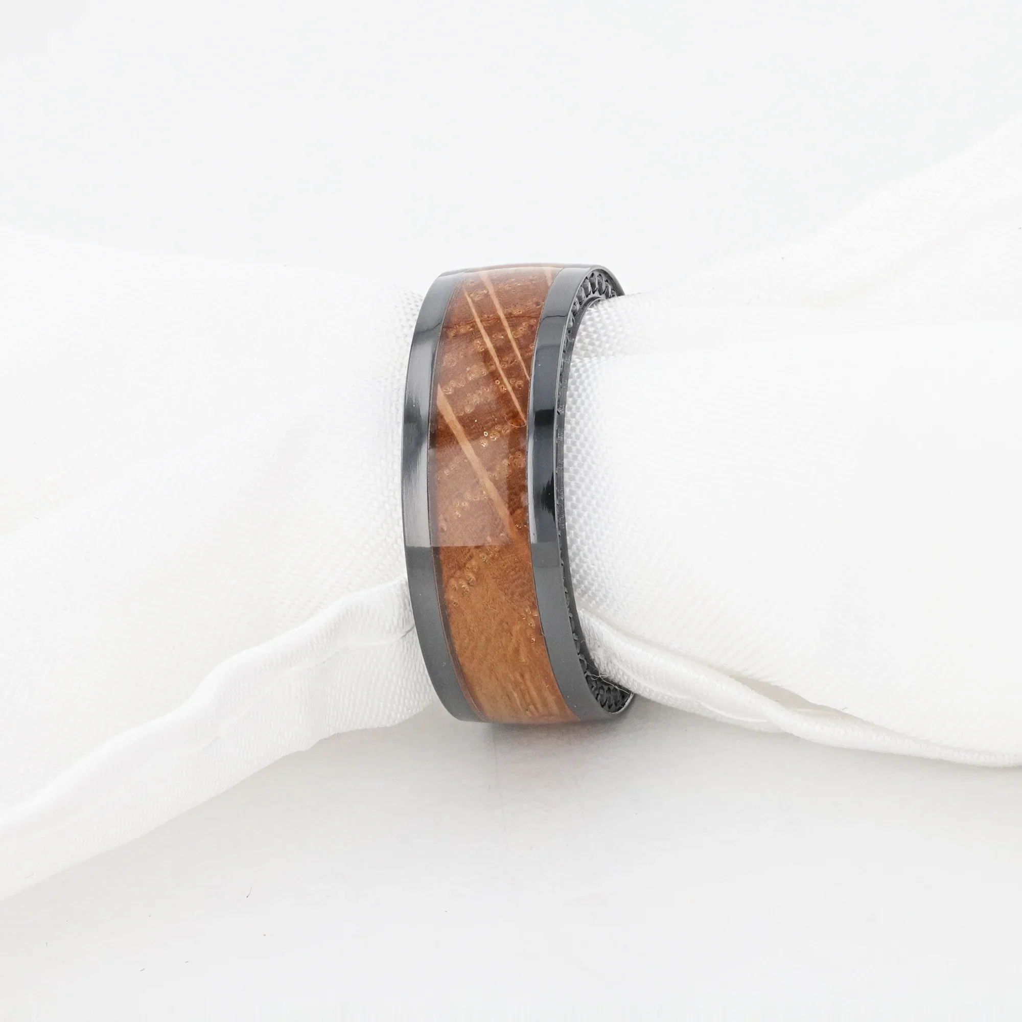 BOURBON Black Zirconium Ring with Whiskey Barrel Wood Inlay and Black Sapphires - 8mm - Image 7