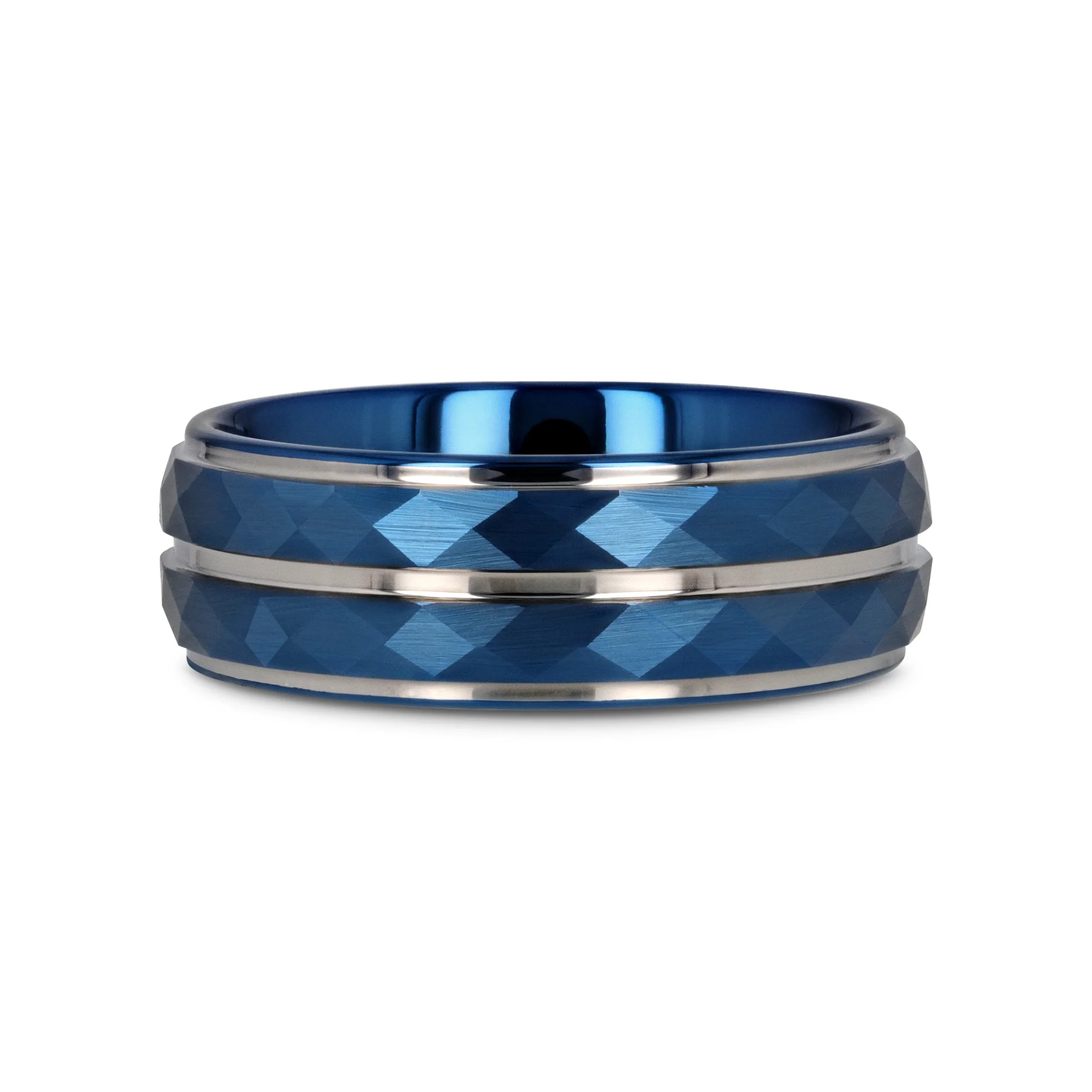 CARMEL Blue Ion Plated Tungsten Carbide Men's Ring With Faceted Center And Stepped Edges - 8mm - Image 3