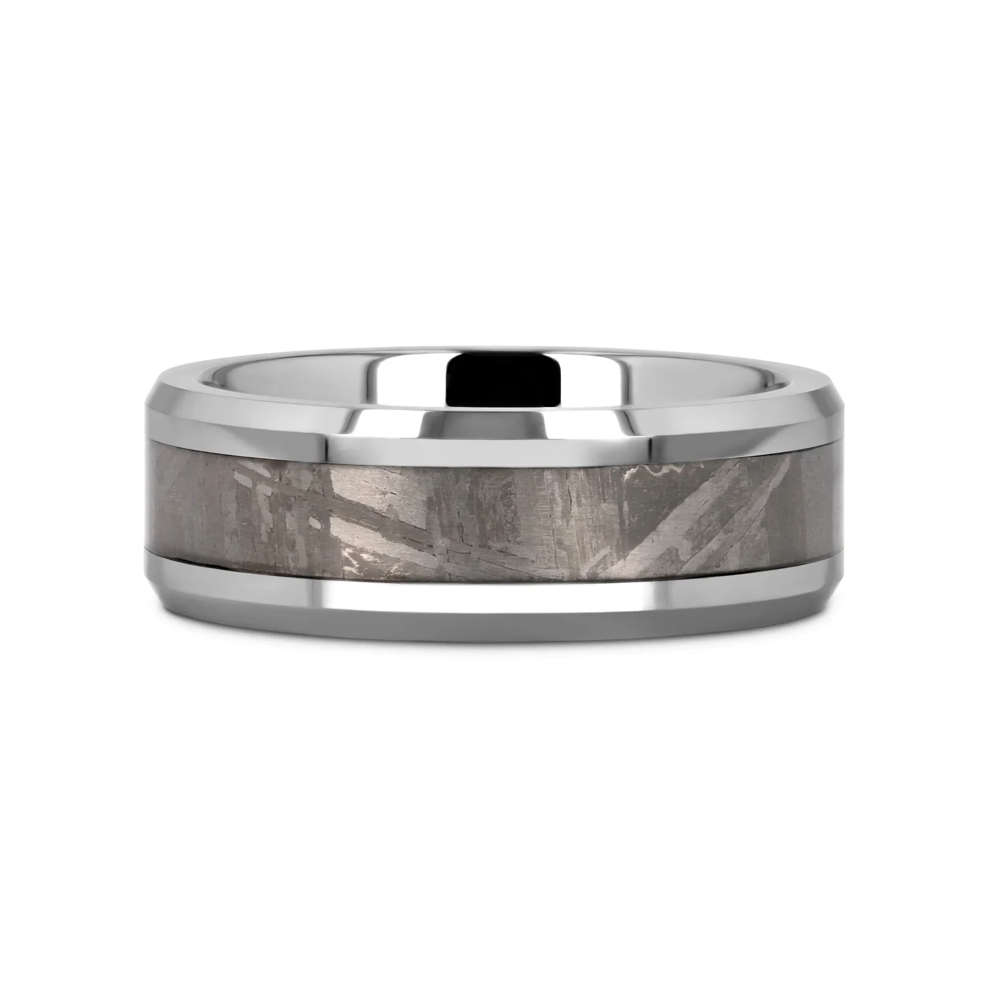 CELESTIAL Flat Tungsten Carbide Ring with Beveled Edges and Meteorite Inlay Thorsten - 8mm - Image 3