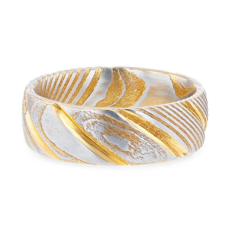 CERSEI Gold Color Domed Brushed Damascus Steel Men’s Wedding Band with Vivid Etched Design - 6mm & 8mm - Image 3