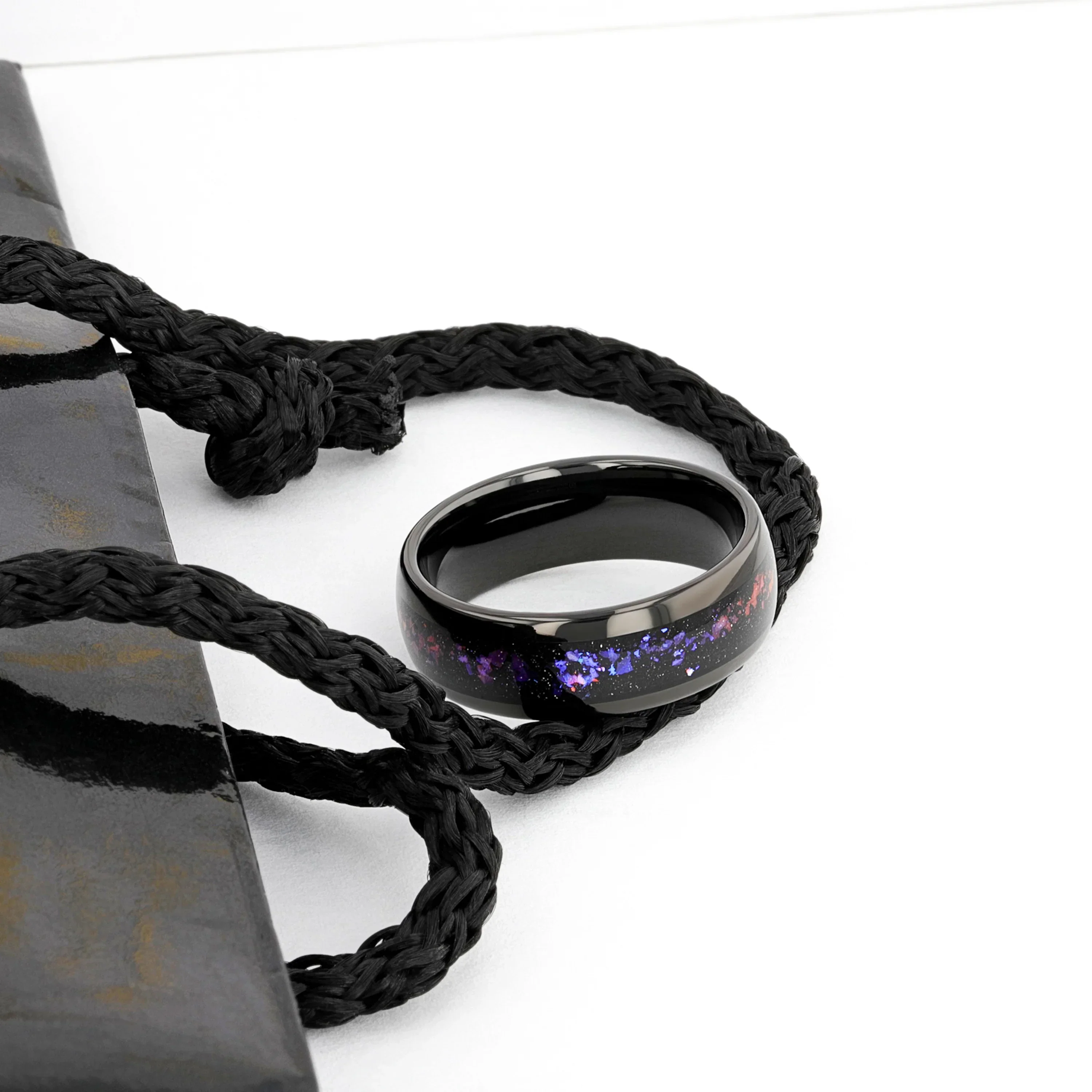 COSMIC Black Tungsten Ring with Crushed Alexandrite and Dark Blue & Purple Crushed Goldstone – 4mm to 8mm - Image 5