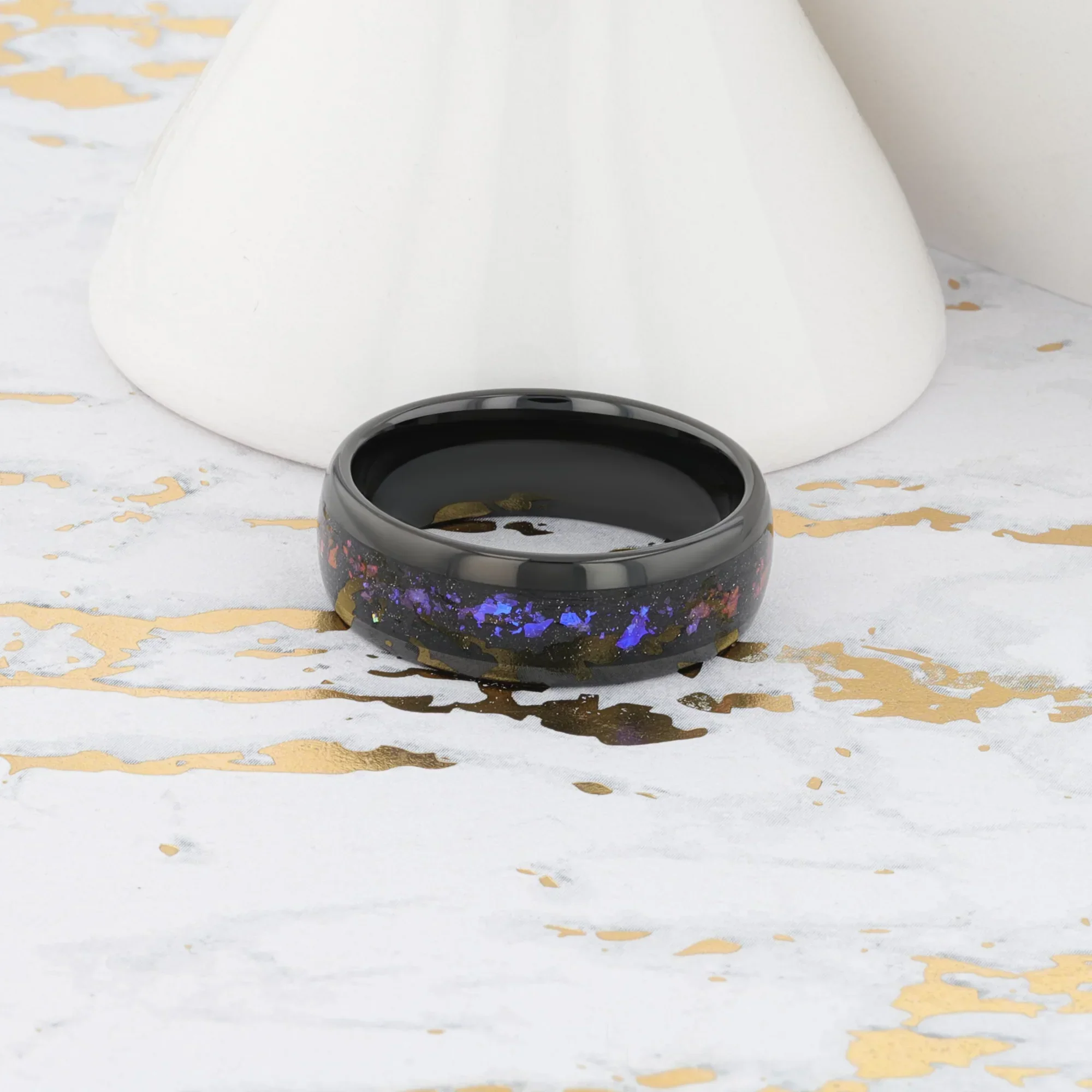 COSMIC Black Tungsten Ring with Crushed Alexandrite and Dark Blue & Purple Crushed Goldstone – 4mm to 8mm - Image 7