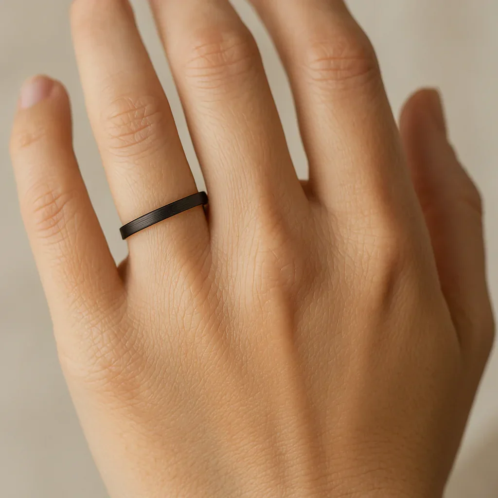 DAISY Black Flat Shaped Ceramic Wedding Band for Women with Brushed Finish - 2 mm - Image 3