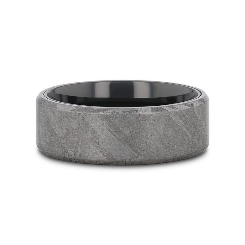 DIEMOS Flat Black Titanium Ring with Meteorite Pattern and Beveled Edges – 8mm - Image 3