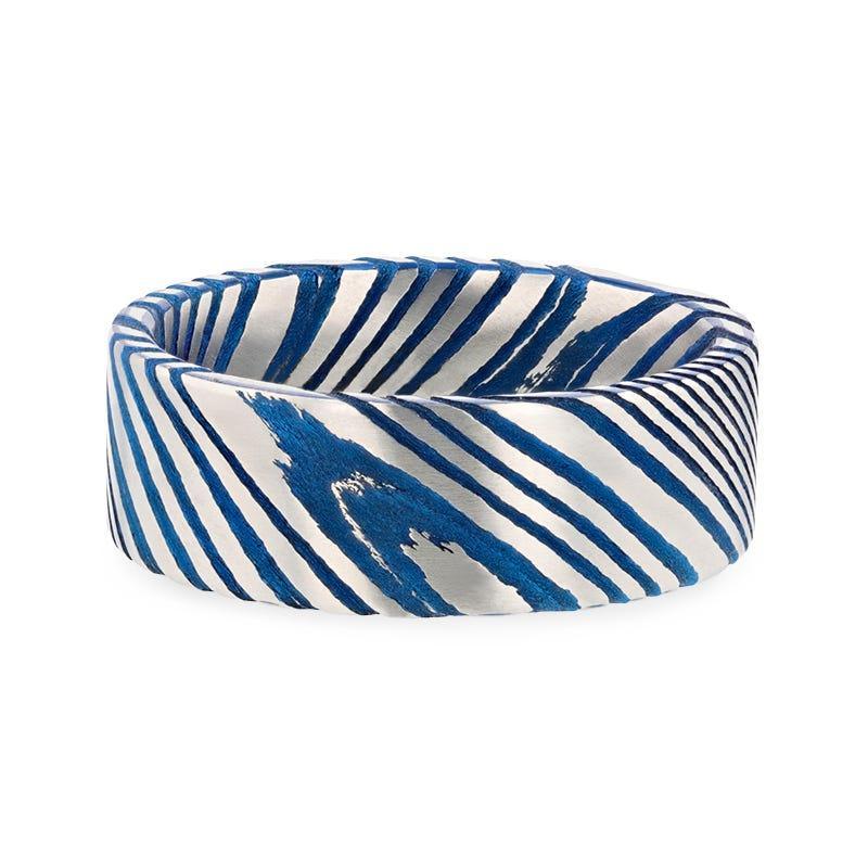 DUKE Blue Flat Brushed Damascus Steel Men’s Wedding Band with Vivid Etched Design - 6mm & 8mm - Image 3
