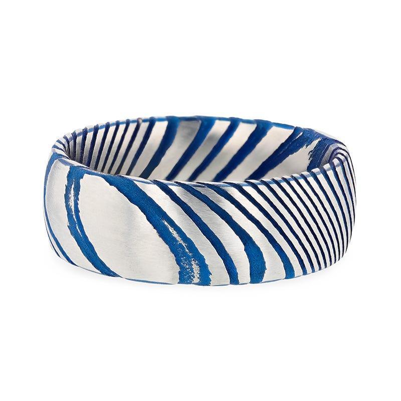 EARL Blue Domed Brushed Damascus Steel Men’s Wedding Band with Vivid Etched Design - 6mm & 8mm - Image 3