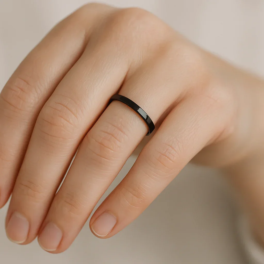 FAITH Black Flat Shaped Ceramic Wedding Ring for Her - 2 mm - Image 3
