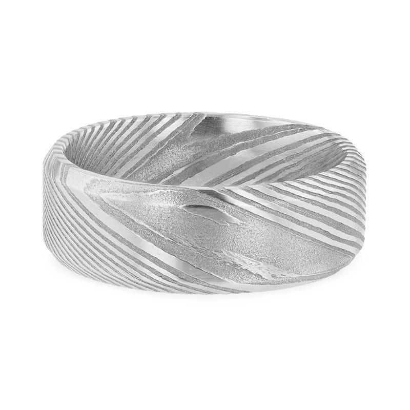 GHOST Grey Damascus Steel Brushed Beveled Men’s Wedding Band with Repeating Artisan Pattern - 6mm & 8mm - Image 3