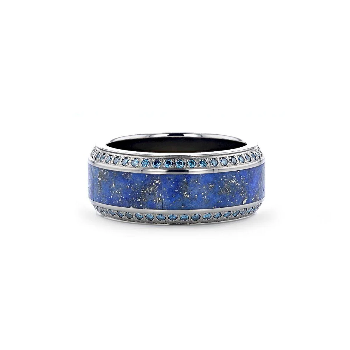 HYDRA Lapis Lazuli Inlaid Titanium Wedding Ring Polished Beveled Edges Set with Round Blue Diamonds - 10mm - Image 3