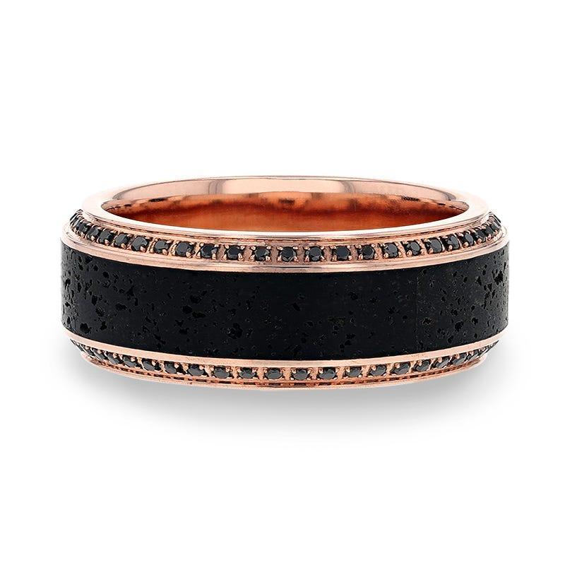 HYPERIA Lava Inlaid 10K Rose Gold Men's Wedding Band With Black Diamonds Around Polished Edges - 10mm - Image 3