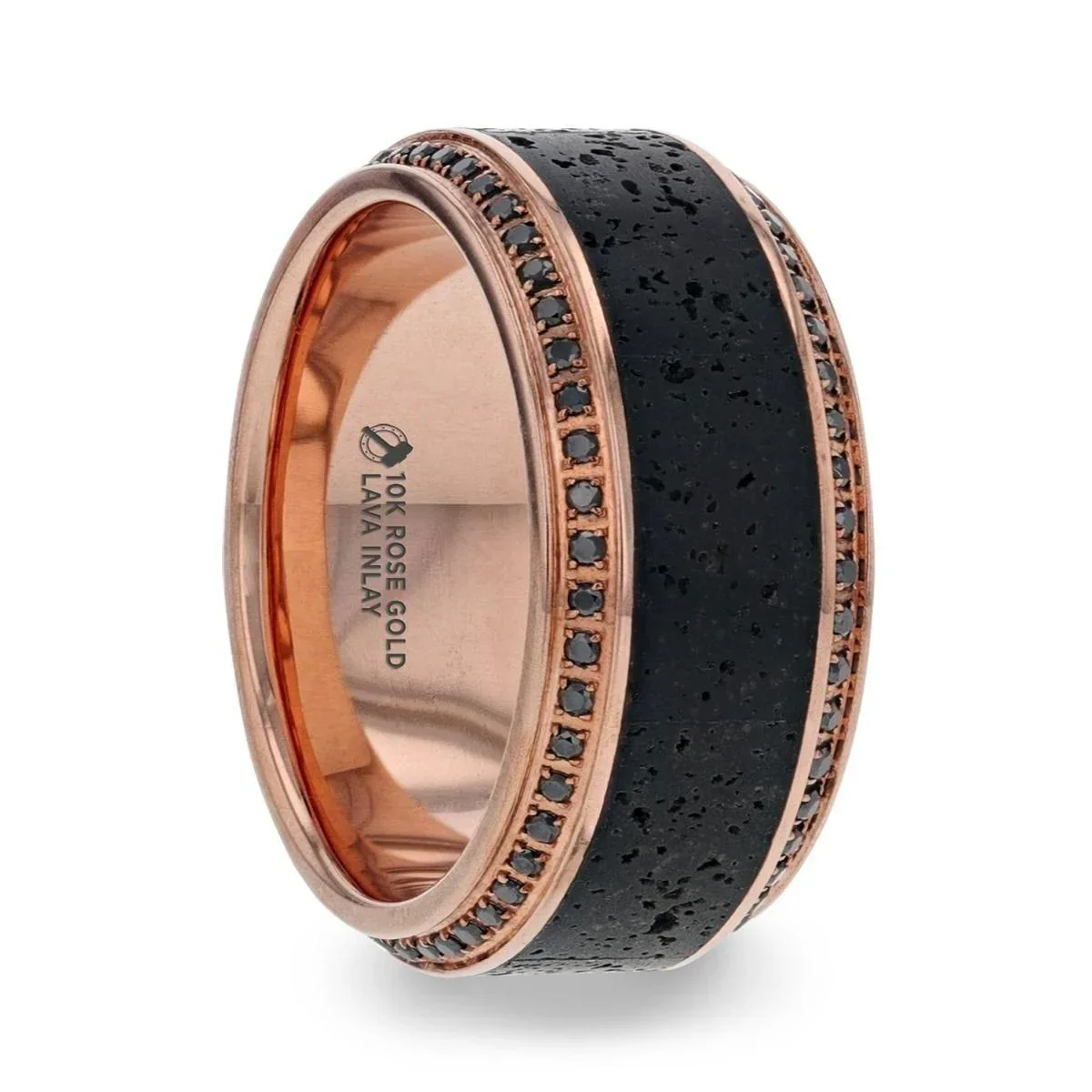 HYPERIA Lava Inlaid 10K Rose Gold Men's Wedding Band With Black Diamonds Around Polished Edges - 10mm - Image 4