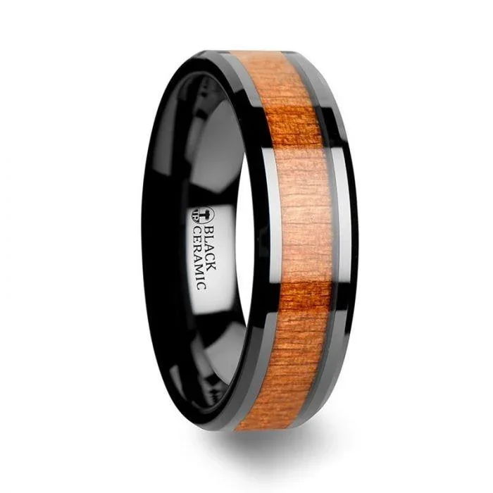 IOWA Black Ceramic Wedding Ring with Polished Bevels and Black Cherry Wood Inlay - 6mm - 10mm - Image 3