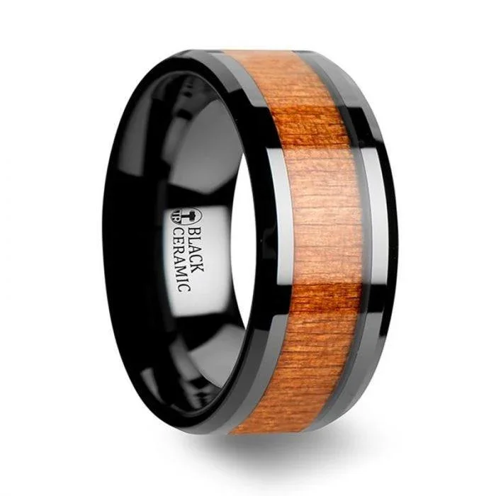 IOWA Black Ceramic Wedding Ring with Polished Bevels and Black Cherry Wood Inlay - 6mm - 10mm - Image 4