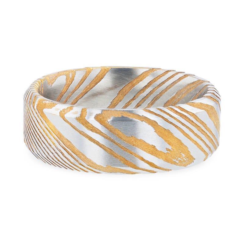 JOFFREY Gold Color Damascus Steel Brushed Beveled Men’s Wedding Band with Repeating Artisan Pattern - 6mm & 8mm - Image 3