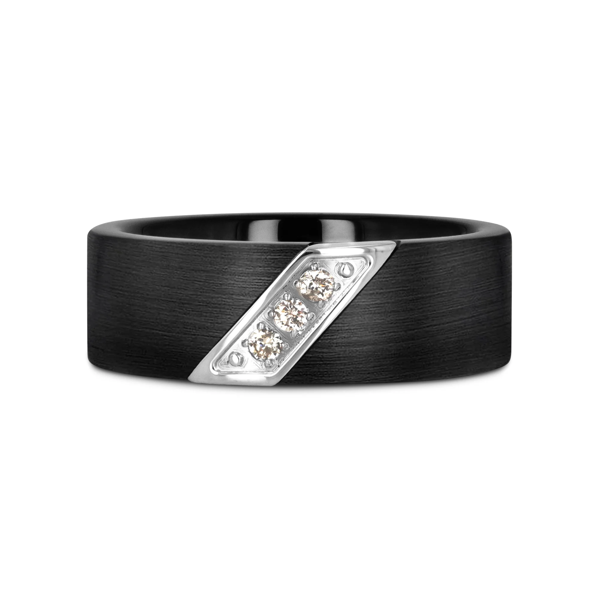 LIAM 8 mm Flat Black Satin Tungsten Carbide Wedding Band with Diagonal Diamonds in Stainless Steel - Image 3