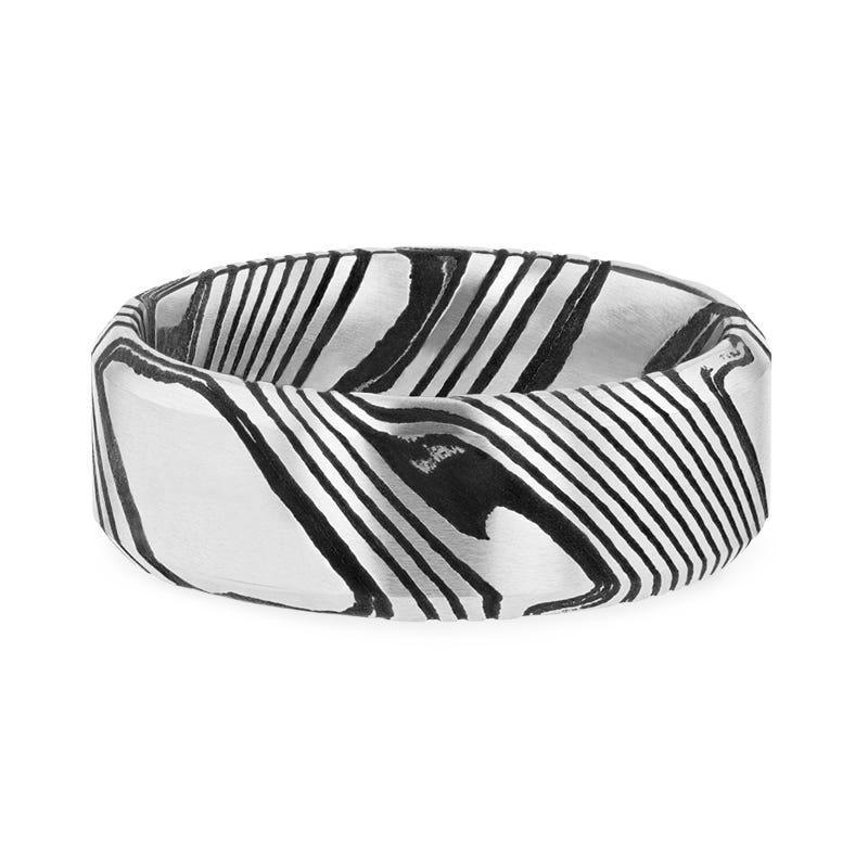 MELVIN Black Damascus Steel Brushed Beveled Men’s Wedding Band with Repeating Artisan Pattern - 6mm & 8mm - Image 3