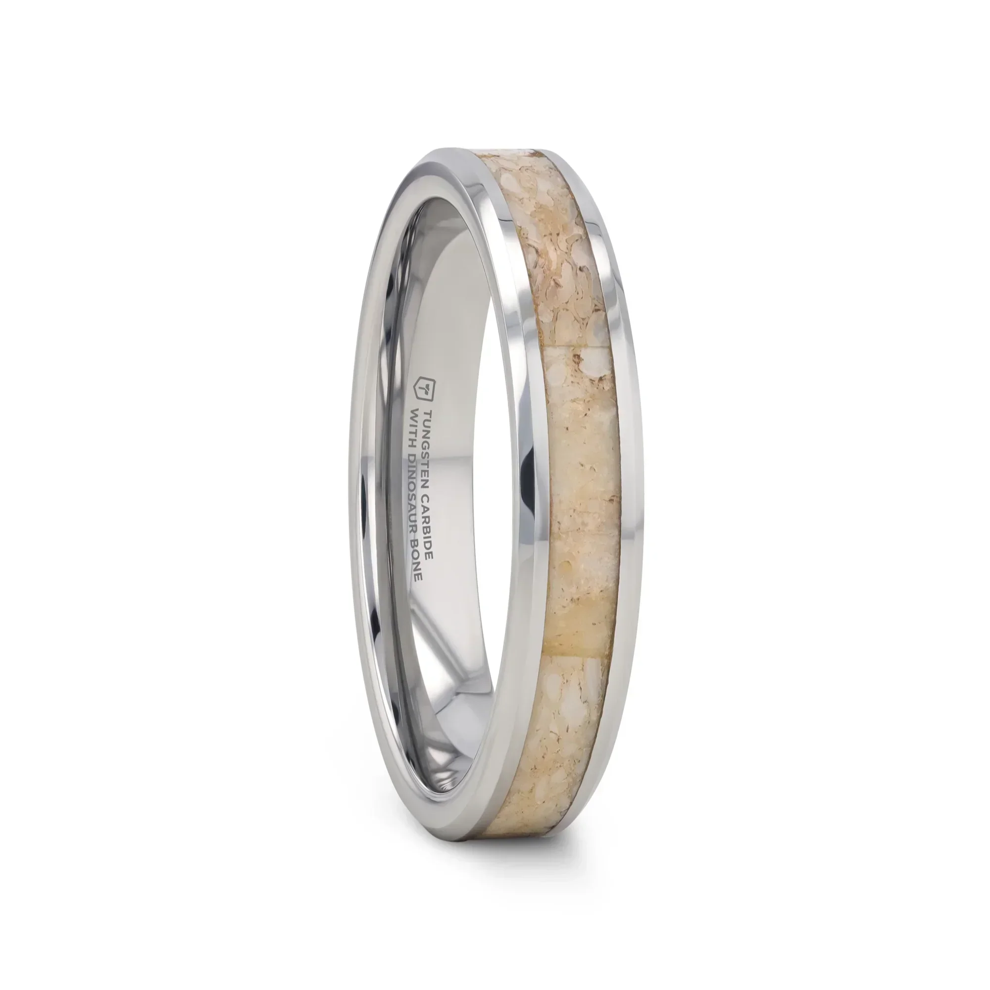 MESOZOIC Men’s Tungsten Flat Beveled Wedding Ring with White Dinosaur Bone Inlay - 4mm or 8mm - Image 4