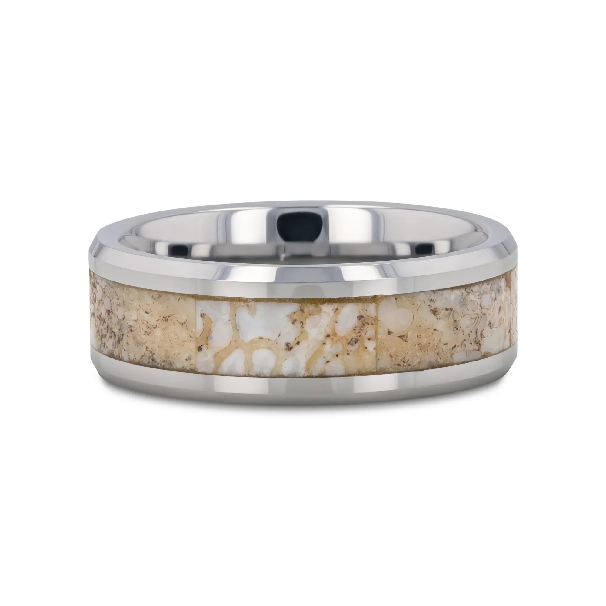 MESOZOIC Men’s Tungsten Flat Beveled Wedding Ring with White Dinosaur Bone Inlay - 4mm or 8mm - Image 3